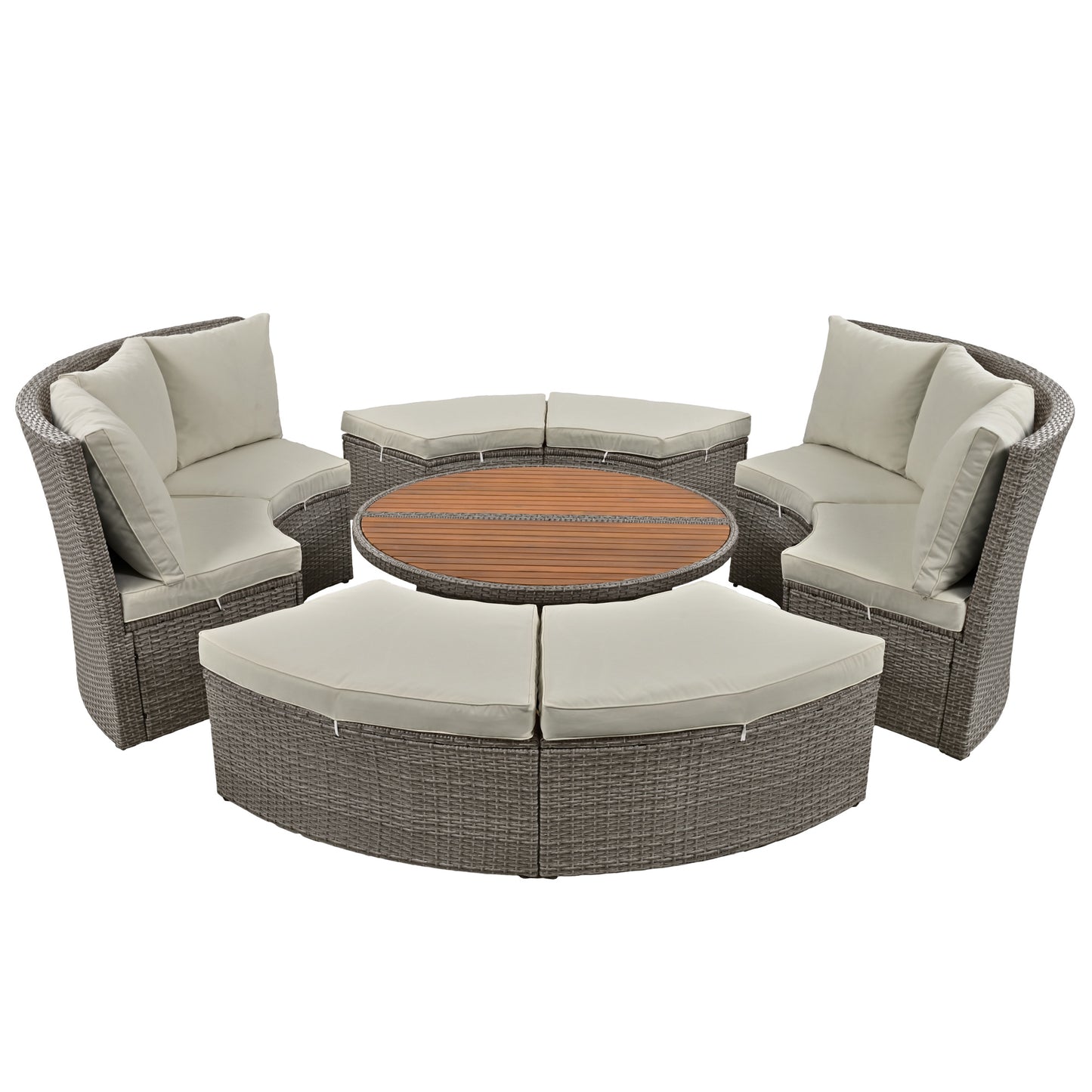 Melysen Patio 5-Piece Round Rattan Sectional Sofa Set All-Weather PE Wicker Sunbed Daybed with Round Liftable Table and Washable Cushions for Outdoor Backyard Poolside, Gray