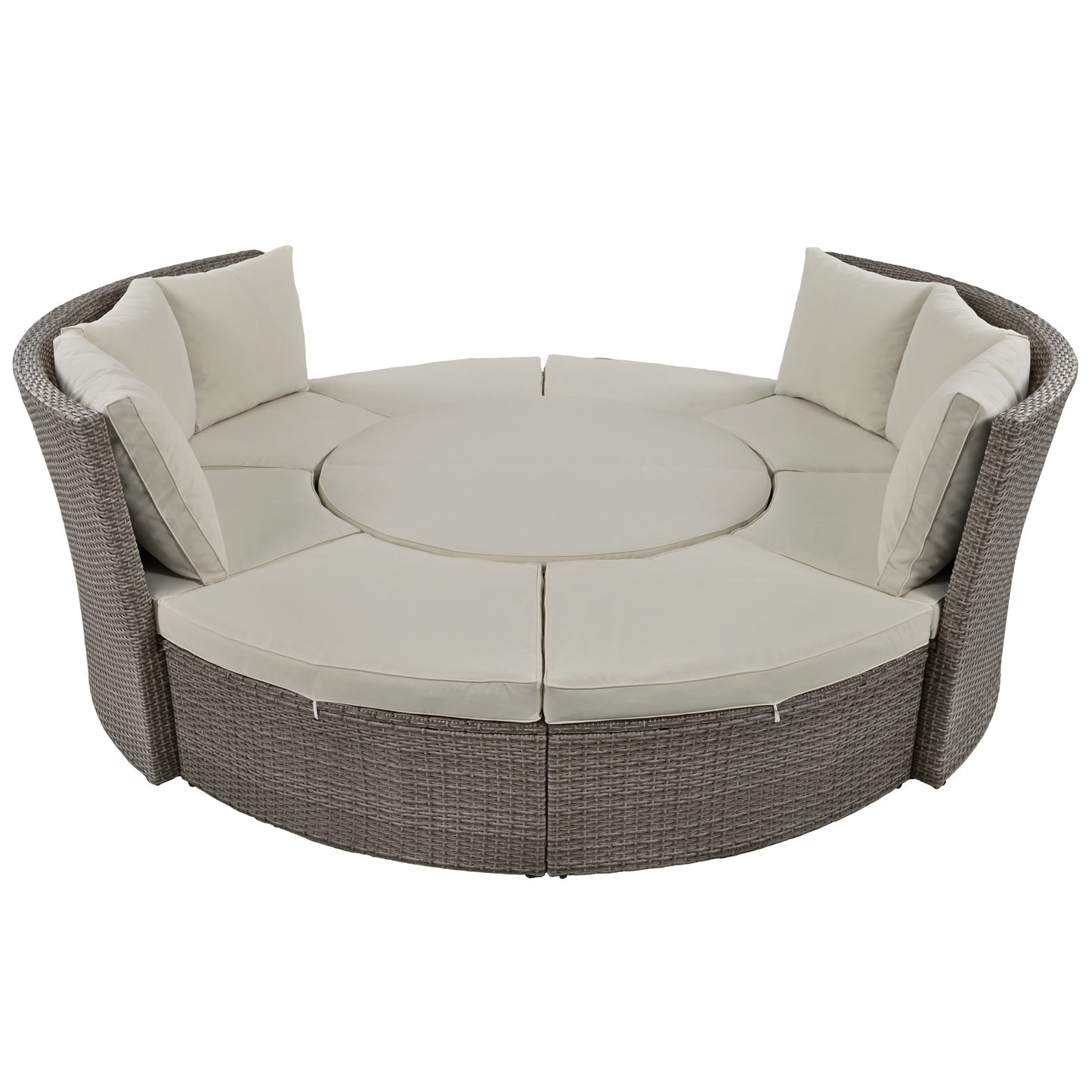 Melysen Patio 5-Piece Round Rattan Sectional Sofa Set All-Weather PE Wicker Sunbed Daybed with Round Liftable Table and Washable Cushions for Outdoor Backyard Poolside, Gray