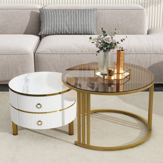 Melysen 27.5''&19.6'' Stackable Coffee Table with 2 Drawers,  Set of 2, Round Center Table for Living Room