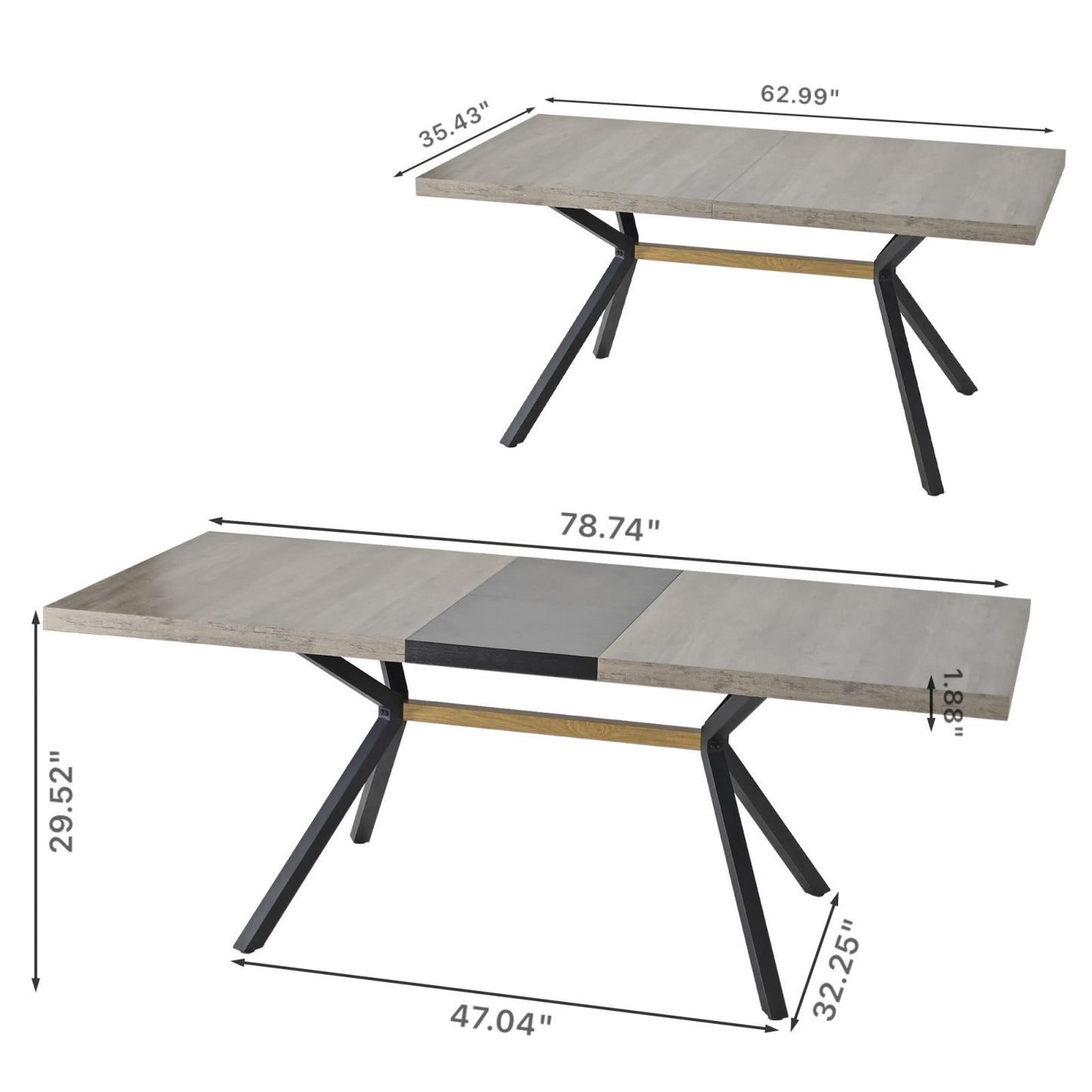 Melysen 62.99"- 78.74"Retro Rectangular Stretch Table, GrEy Carole Top, Black Embossed Center Plate, Walnut Color Beam, Black Fine Sand iron Foot Base Dining Table