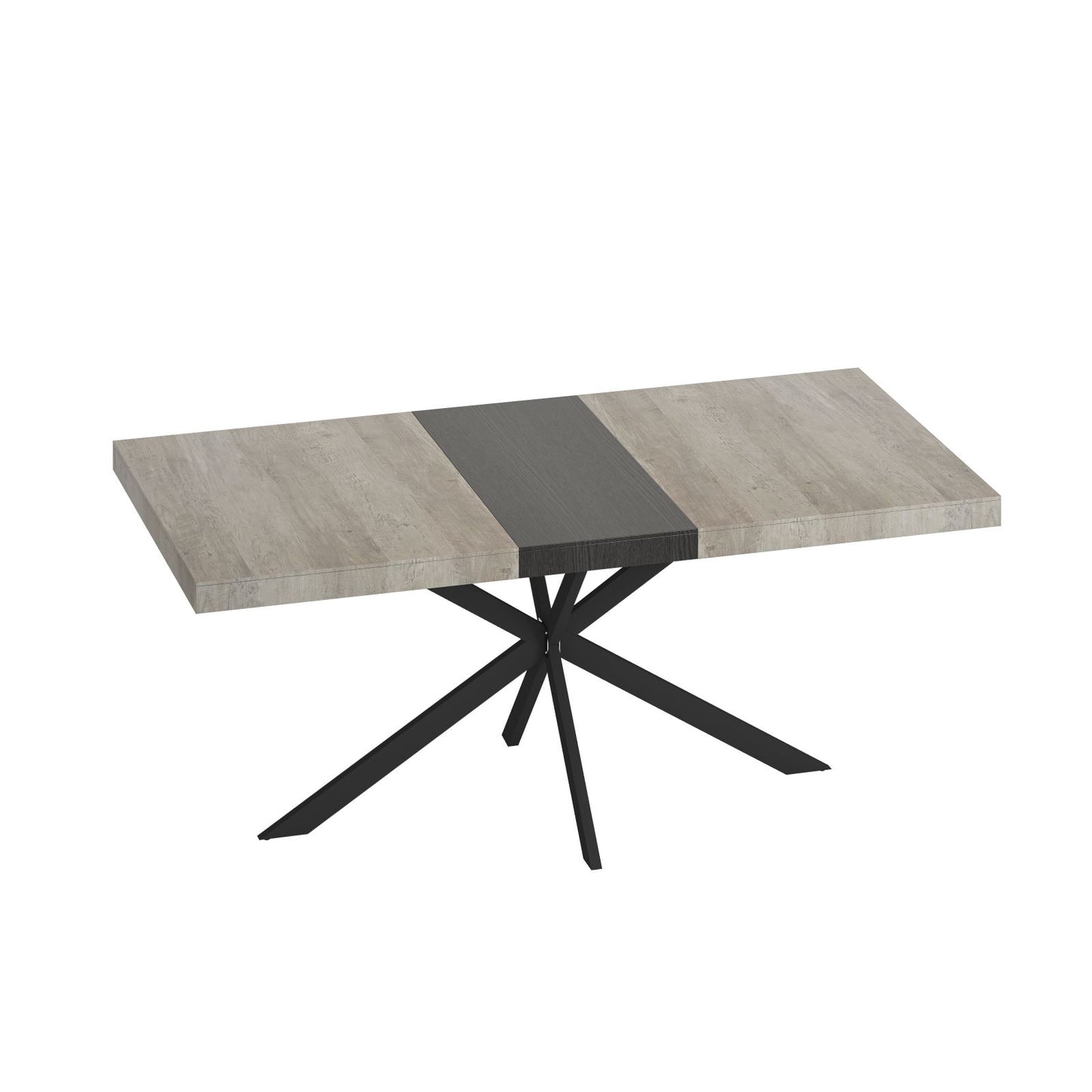 Melysen 55.11'' -70.86"Retro Rectangular Stretch Dining Table, Grey Carole Top With Black Embossed Center Plate, Black Fine Sand Cross Iron Foot Base Dining Table, With Storage Box.