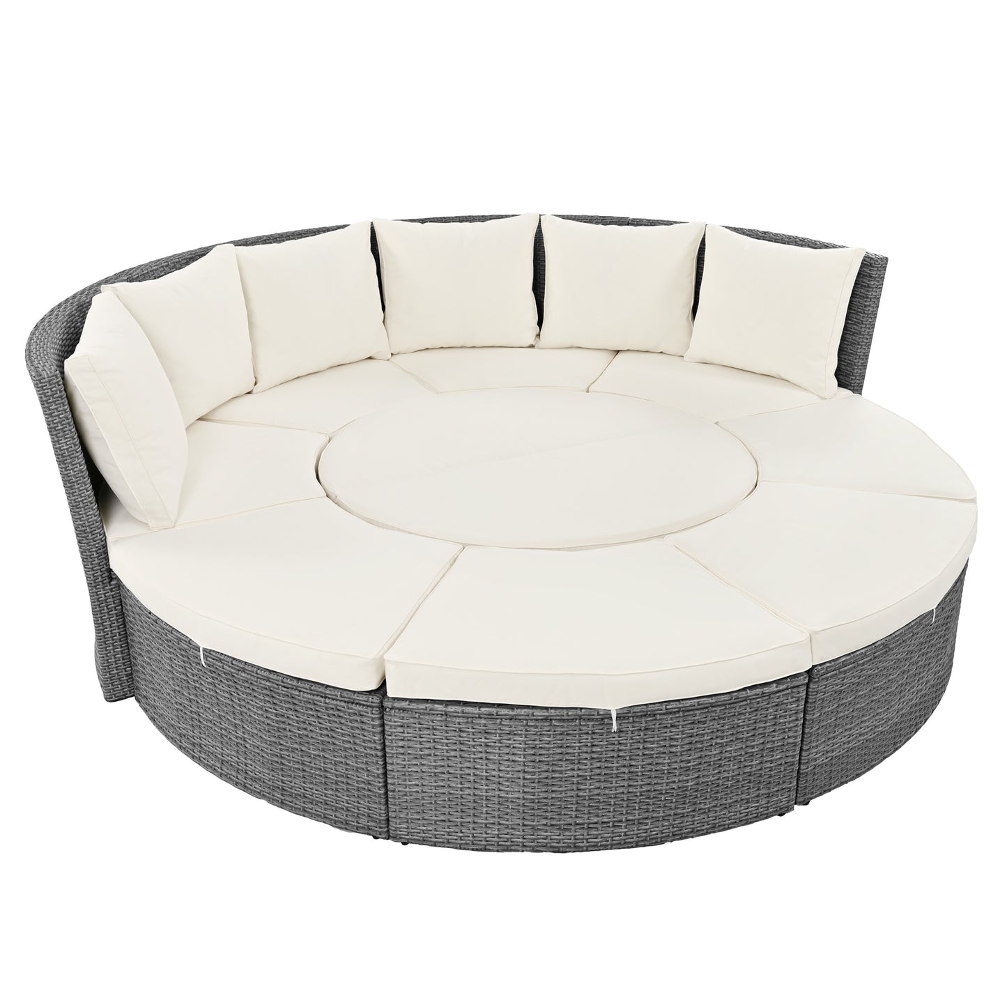 Melysen Patio 5-Piece Round Rattan Sectional Sofa Set All-Weather PE Wicker Sunbed Daybed with Round Liftable Table and Washable Cushions for Outdoor Backyard Poolside, Beige