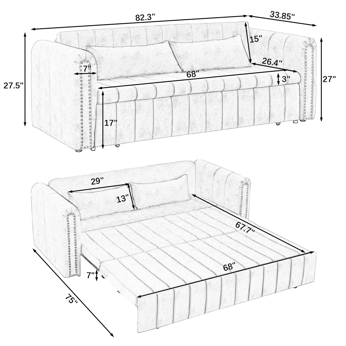 Melysen 3 in 1 Pull-Out Bed Sleeper,Couches with Rolled Arms Decorated with Copper Nails ,Convertible Futon 3 Seats Sofabed with 2 Drawers and 2 Pillowsin