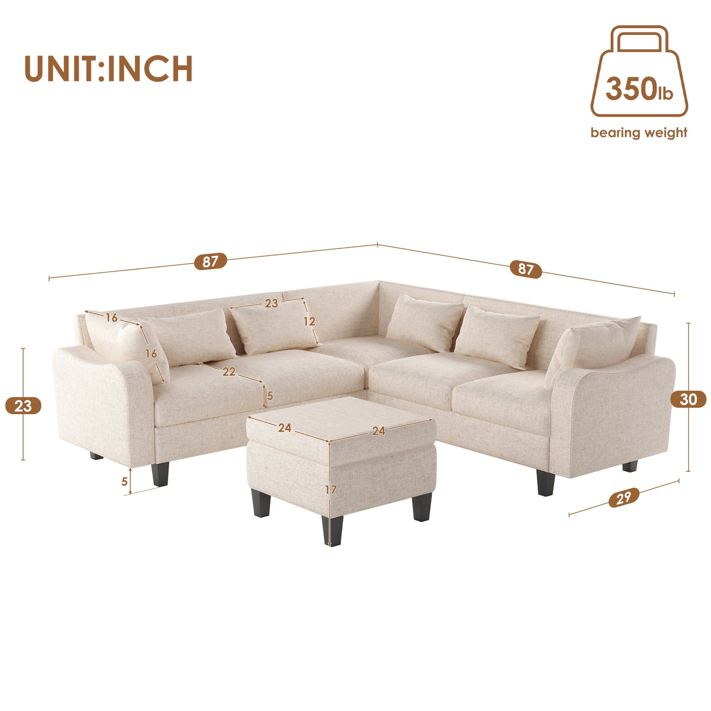 Melysen 87" Modern Sectional Sofa with coffee table ,6-Seat Couch Set with Storage Ottoman ,Beige