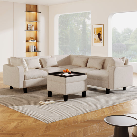 Melysen 87" Modern Sectional Sofa with coffee table ,6-Seat Couch Set with Storage Ottoman ,Beige