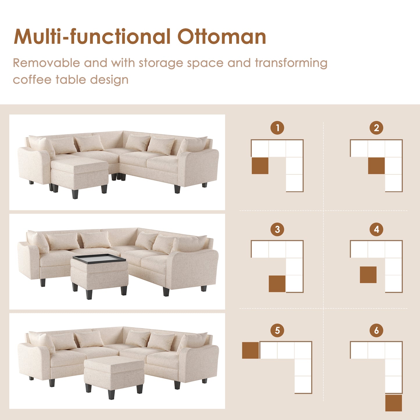 Melysen 87" Modern Sectional Sofa with coffee table ,6-Seat Couch Set with Storage Ottoman ,Beige