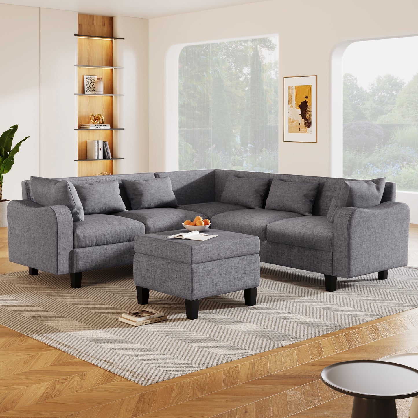 Melysen 87" Modern Sectional Sofa with coffee table ,6-Seat Couch Set with Storage Ottoman ,Gray