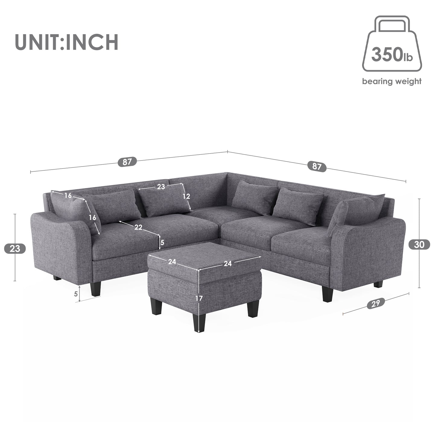 Melysen 87" Modern Sectional Sofa with coffee table ,6-Seat Couch Set with Storage Ottoman ,Gray