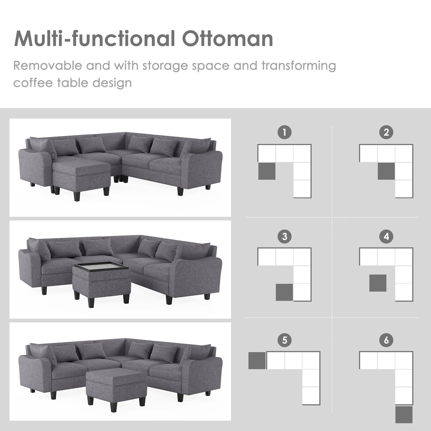 Melysen 87" Modern Sectional Sofa with coffee table ,6-Seat Couch Set with Storage Ottoman ,Gray