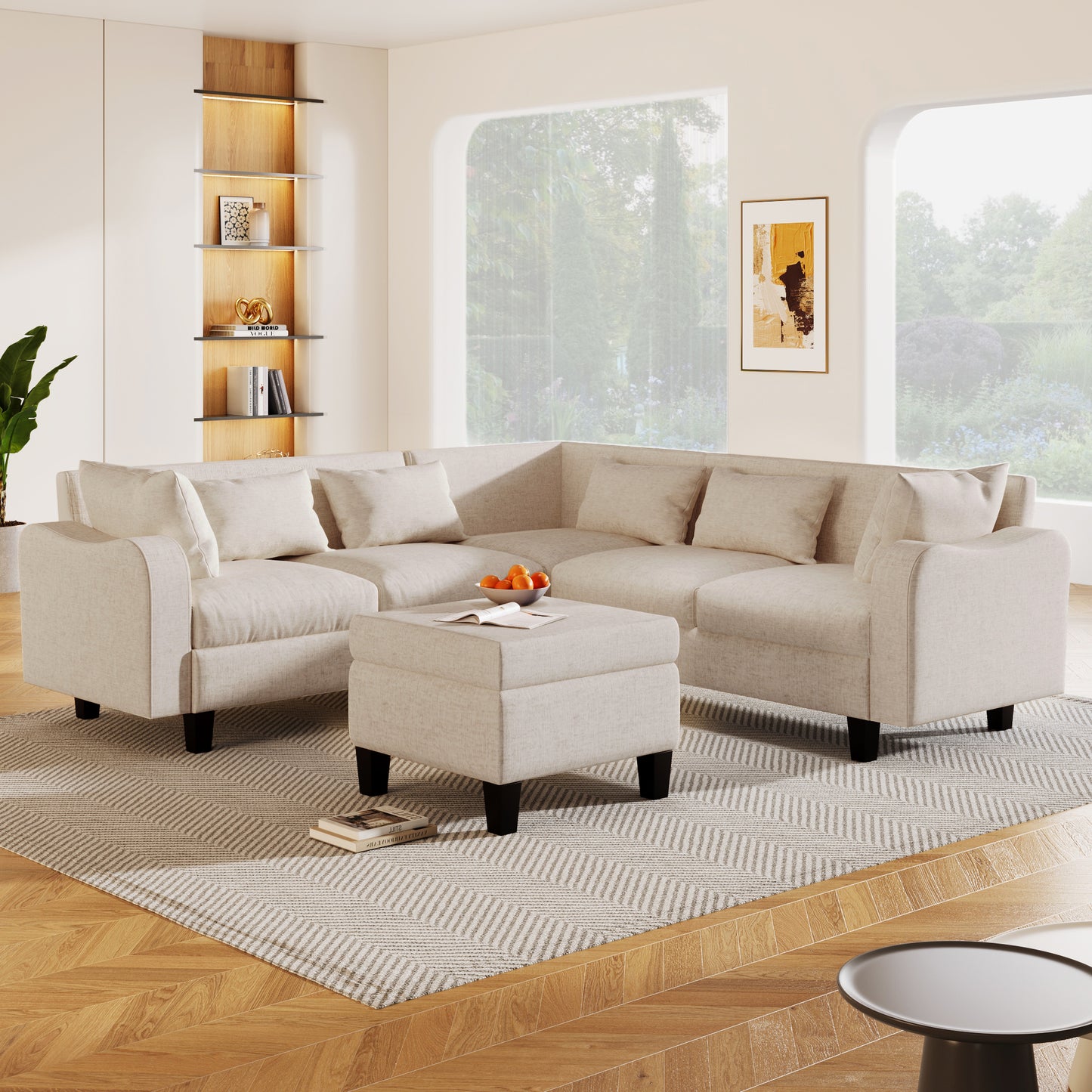 Melysen 87" Modern Sectional Sofa with coffee table ,6-Seat Couch Set with Storage Ottoman ,Beige