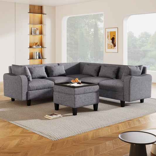 Melysen 87" Modern Sectional Sofa with coffee table ,6-Seat Couch Set with Storage Ottoman ,Gray