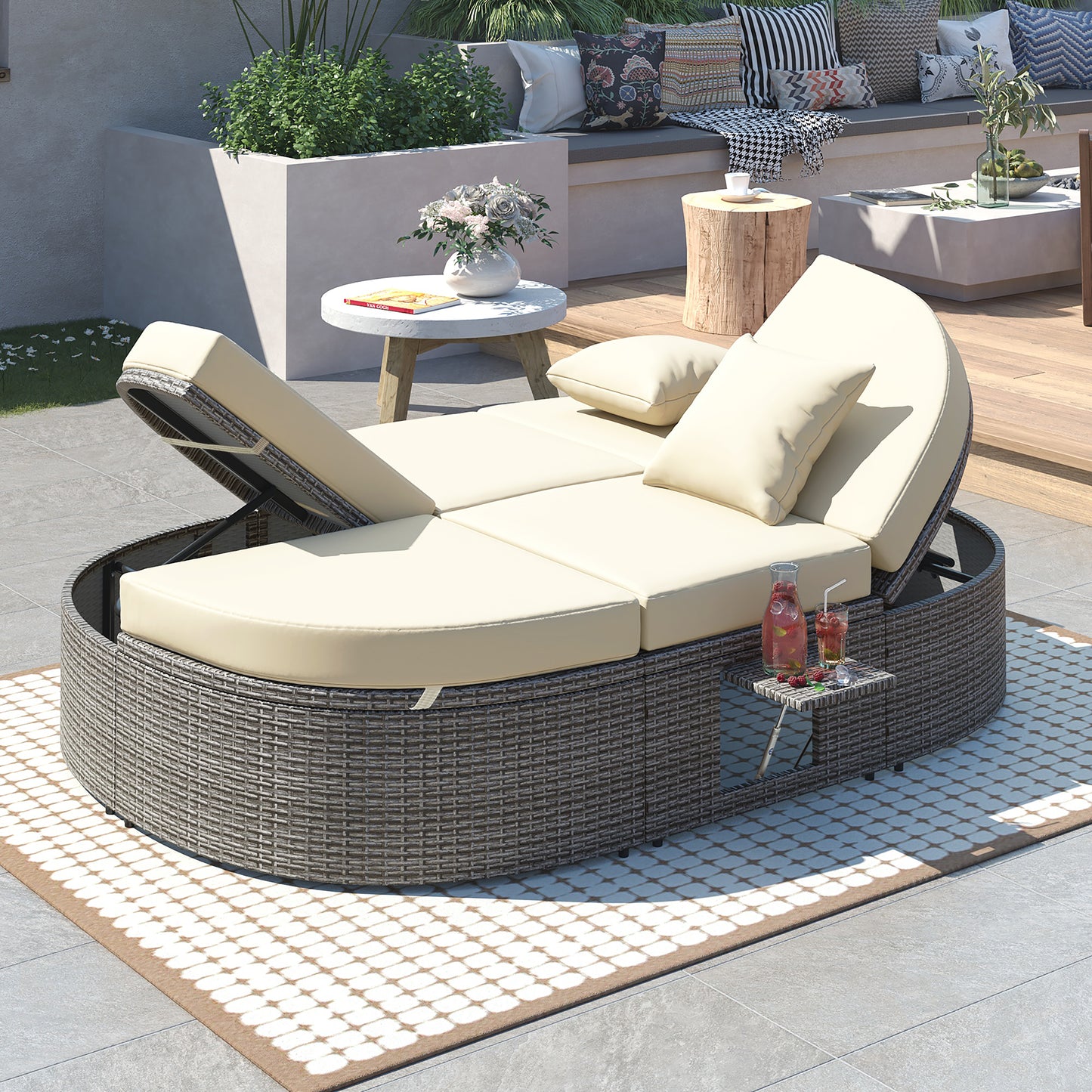 Melysen Outdoor Sun Bed Patio 2-Person Daybed with Cushions and Pillows, Rattan Garden Reclining Chaise Lounge with Adjustable Backrests and Foldable Cup Trays for Lawn,Poolside