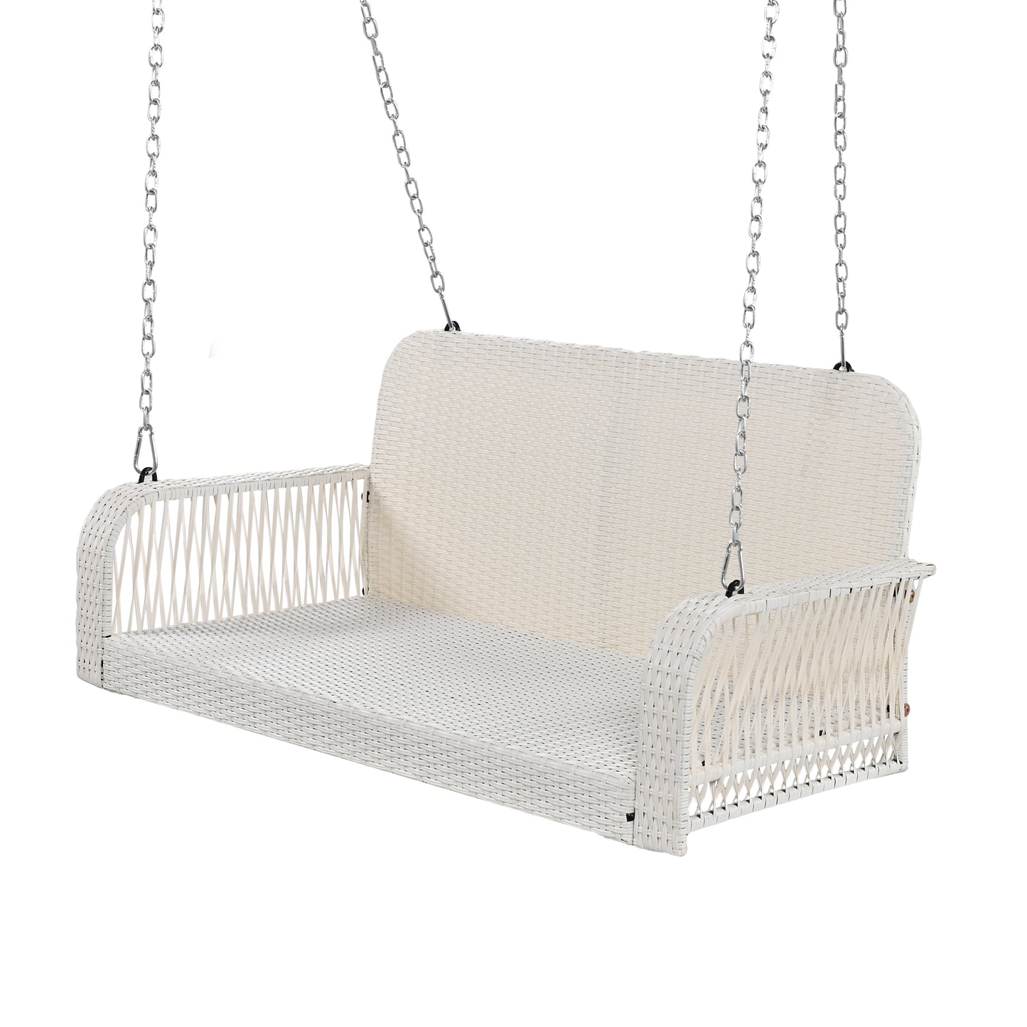 Melysen PE Wicker Porch Swing, 2-Seater Hanging Bench With Chains, Patio Furniture Swing For Backyard Garden Poolside, White+Gray