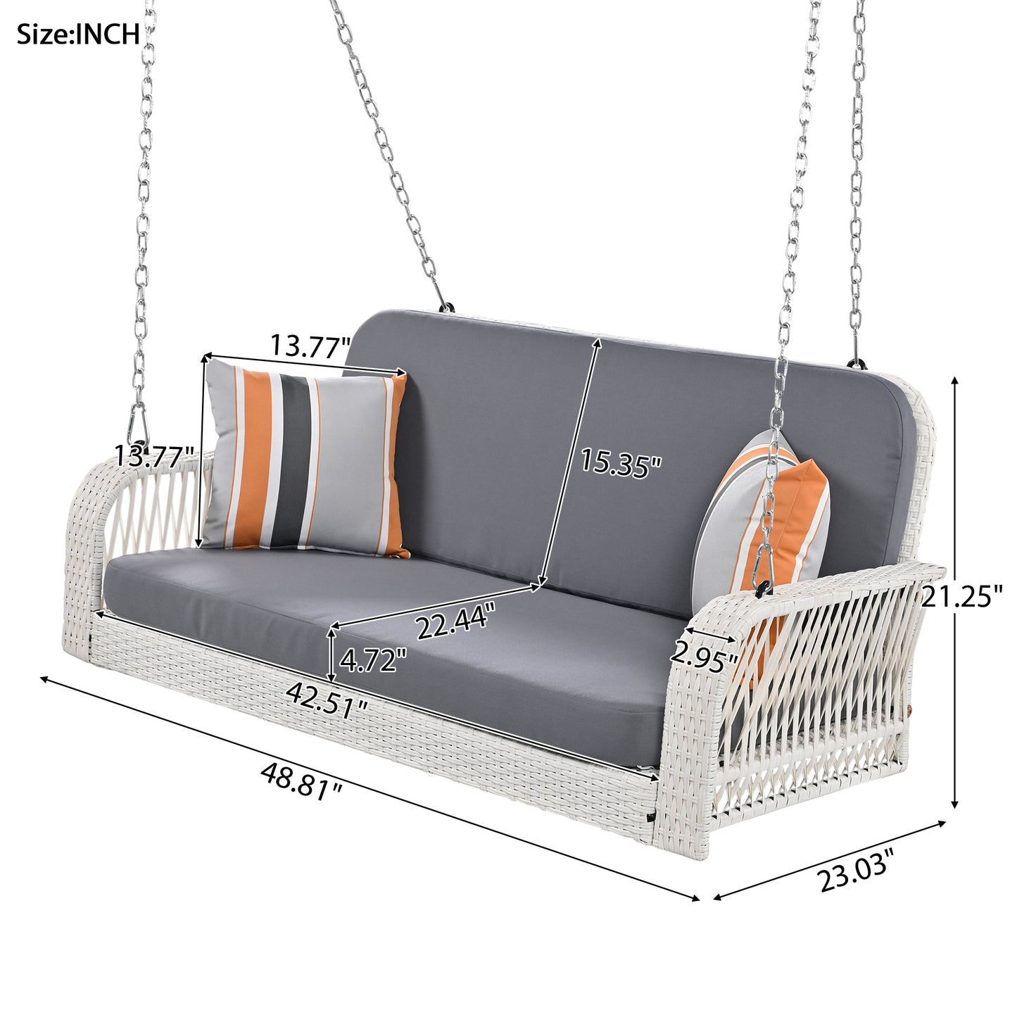 Melysen PE Wicker Porch Swing, 2-Seater Hanging Bench With Chains, Patio Furniture Swing For Backyard Garden Poolside, White+Gray