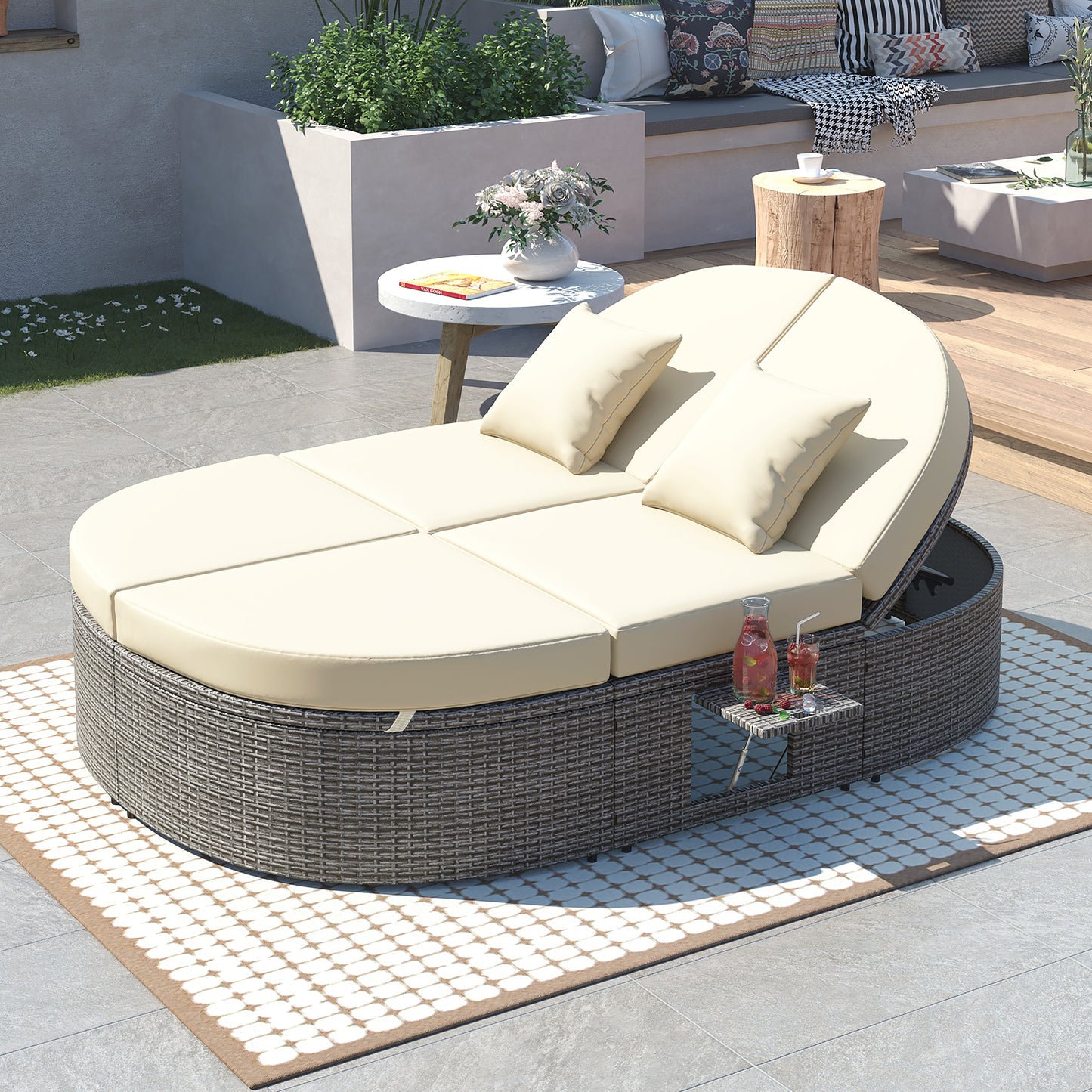 Melysen Outdoor Sun Bed Patio 2-Person Daybed with Cushions and Pillows, Rattan Garden Reclining Chaise Lounge with Adjustable Backrests and Foldable Cup Trays for Lawn,Poolside