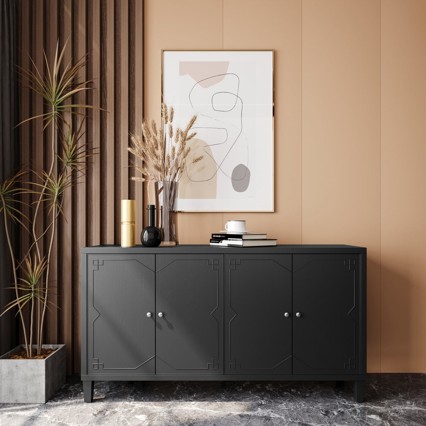 Melysen Accent Cabinet 4 Door Wooden Cabinet Sideboard Buffet Server Cabinet Storage Cabinet,Matte Black