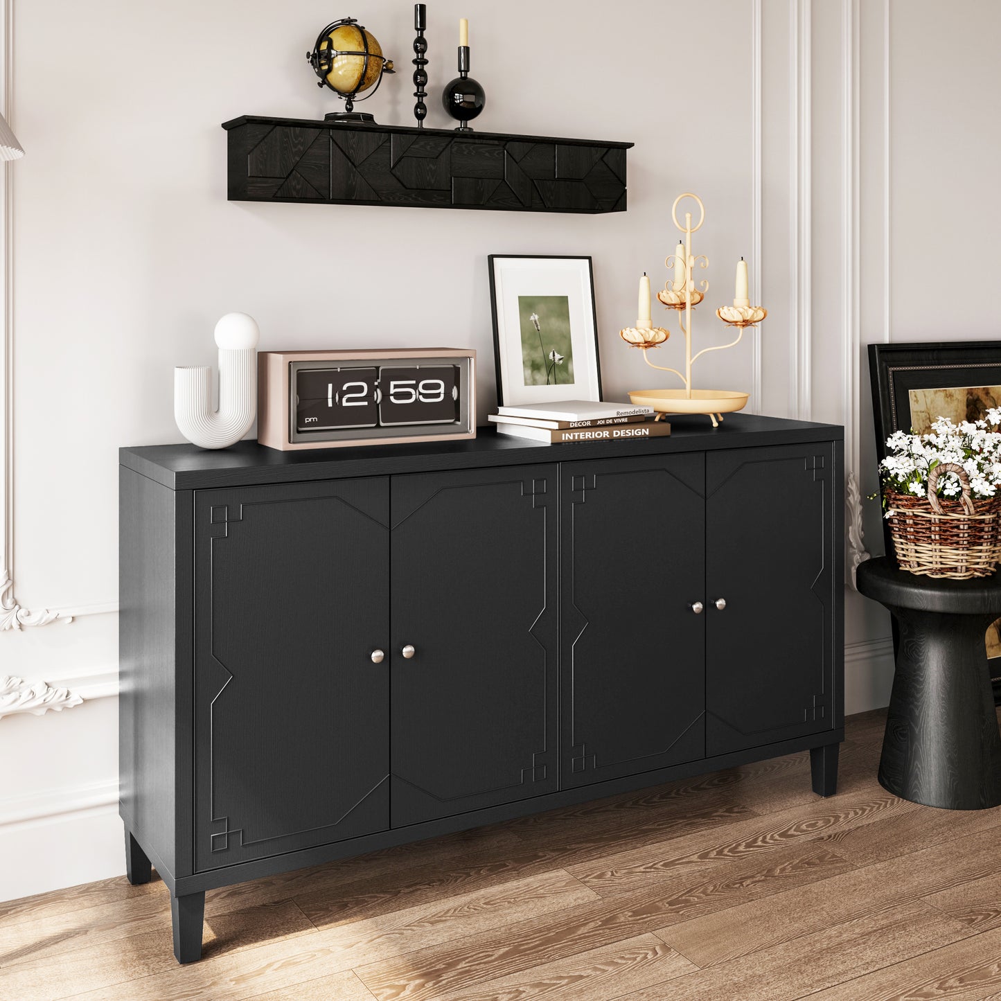 Melysen Accent Cabinet 4 Door Wooden Cabinet Sideboard Buffet Server Cabinet Storage Cabinet,Matte Black