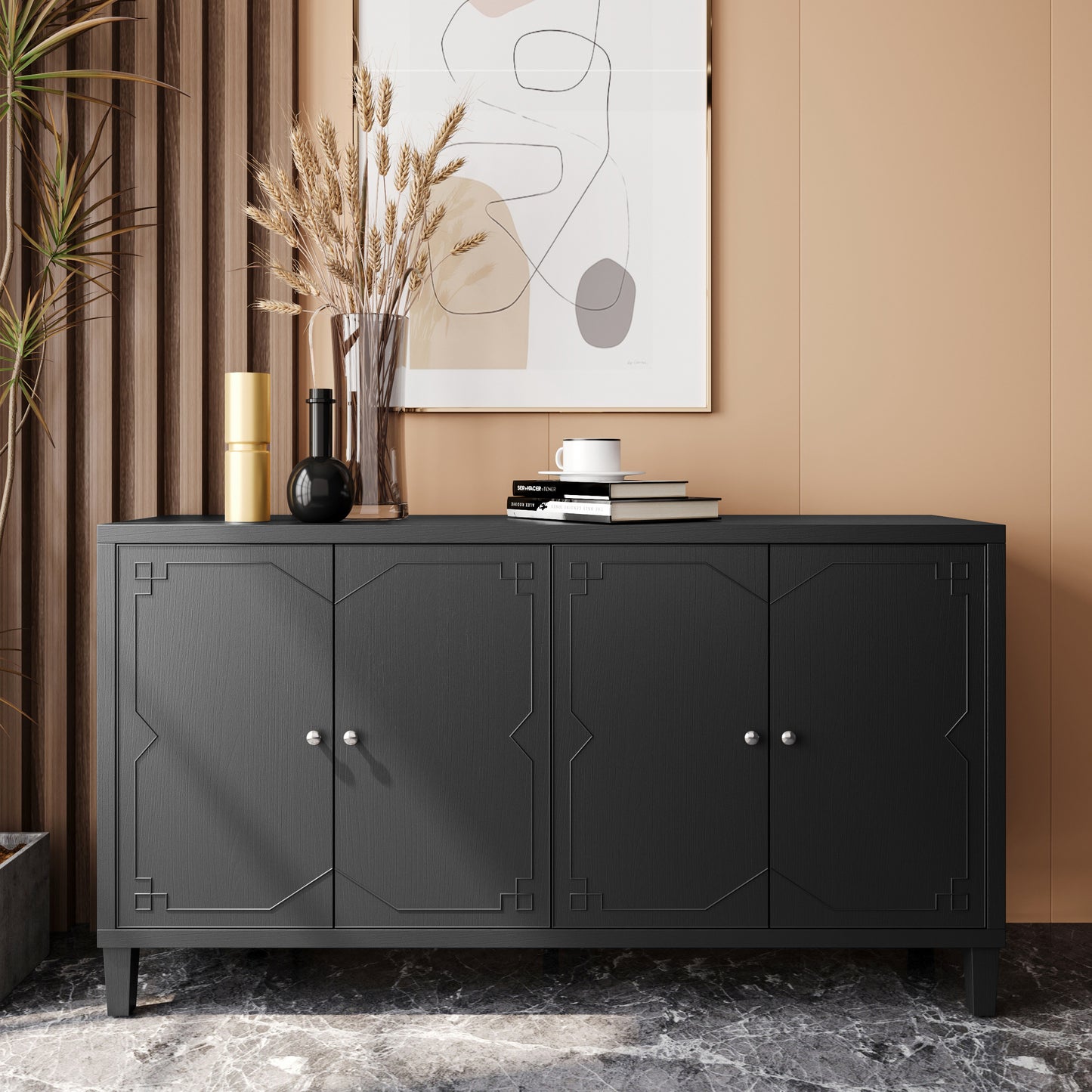 Melysen Accent Cabinet 4 Door Wooden Cabinet Sideboard Buffet Server Cabinet Storage Cabinet,Matte Black