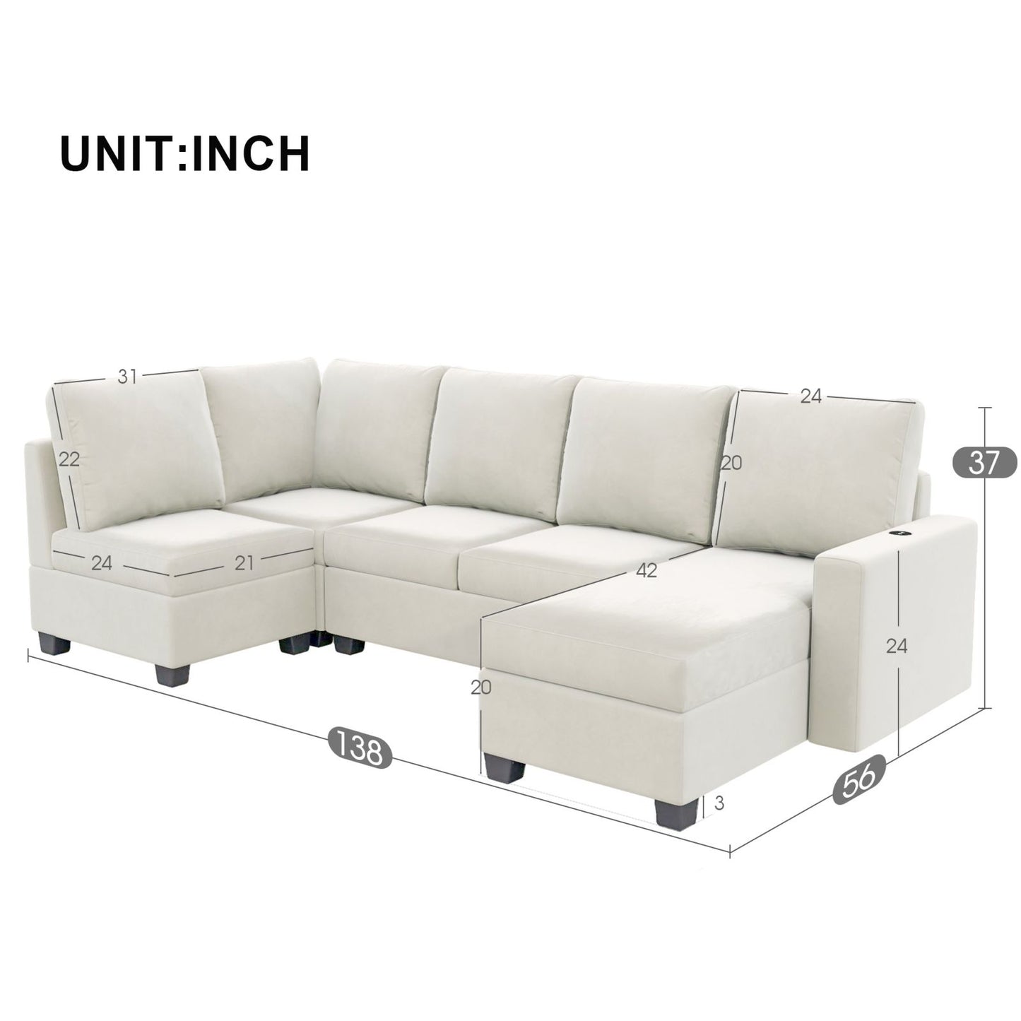 Melysen 138*57" Modern L shape Sectional Sofa, 6-seat Velvet Fabric Couch with Convertible Chaise Lounge,Freely Combinable Indoor Furniture for Living Room, Apartment, Office,CreamCream