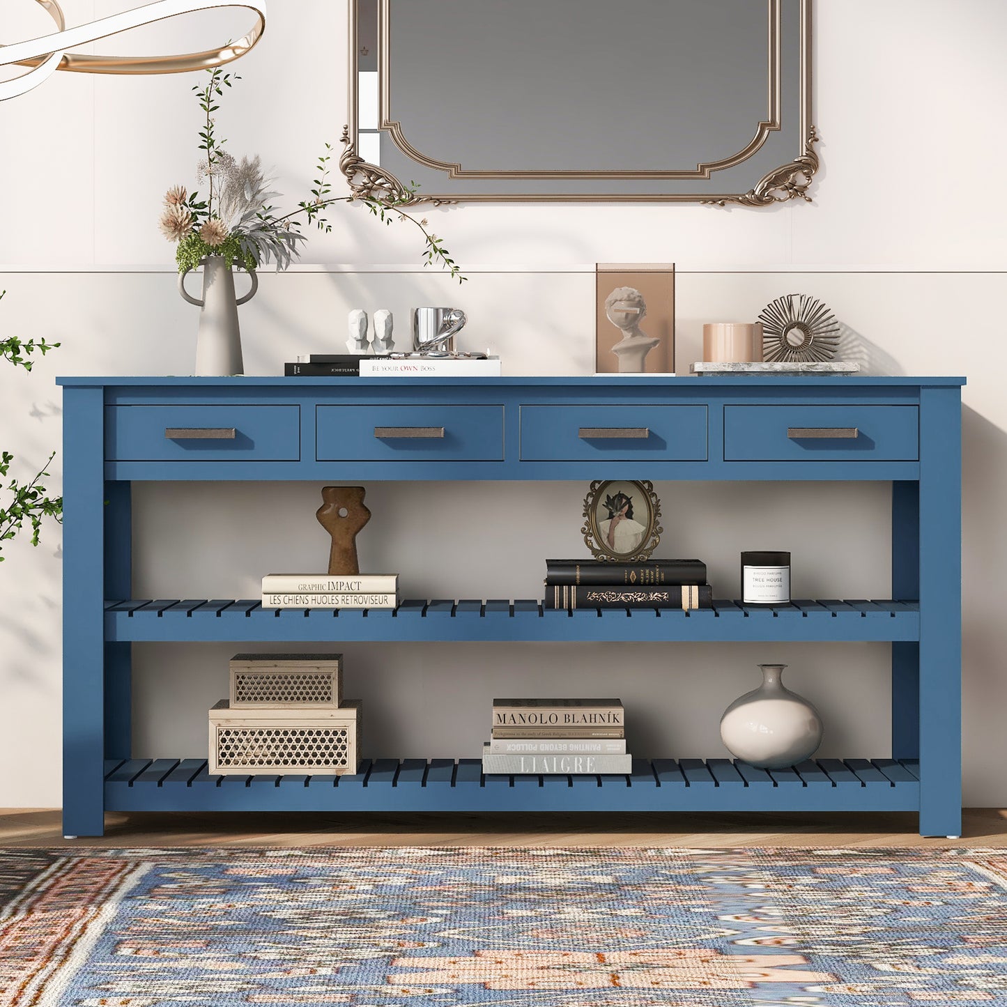 Melysen Stylish Entryway Console Table with 4 Drawers and 2 Shelves, Suitable for Entryways, Living Rooms