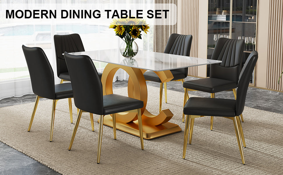 Melysen A Modern Minimalist Rectangular Dining Table Suitable For 6-8 People, A Set of 6-Piece Pu Leather Backrest and Gold Metal Legs Modern Dining Chairs.