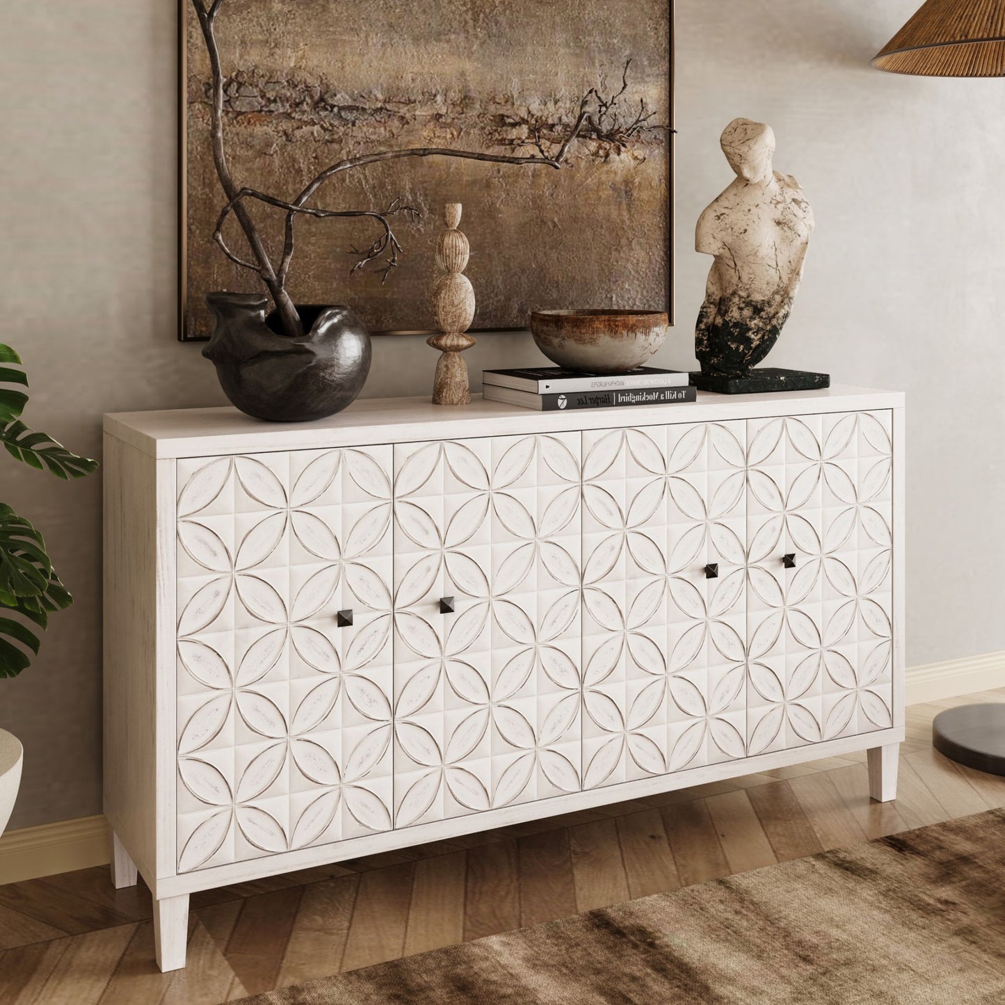 Melysen Accent Cabinet 4 Door Wooden Cabinet Sideboard Buffet Server Cabinet Storage Cabinet,White Wash