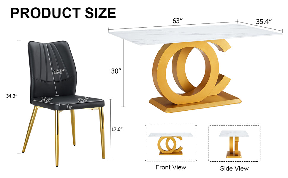 Melysen A Modern Minimalist Rectangular Dining Table Suitable For 6-8 People, A Set of 6-Piece Pu Leather Backrest and Gold Metal Legs Modern Dining Chairs.