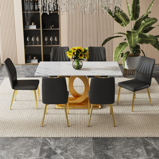 Melysen A Modern Minimalist Rectangular Dining Table Suitable For 6-8 People, A Set of 6-Piece Pu Leather Backrest and Gold Metal Legs Modern Dining Chairs.