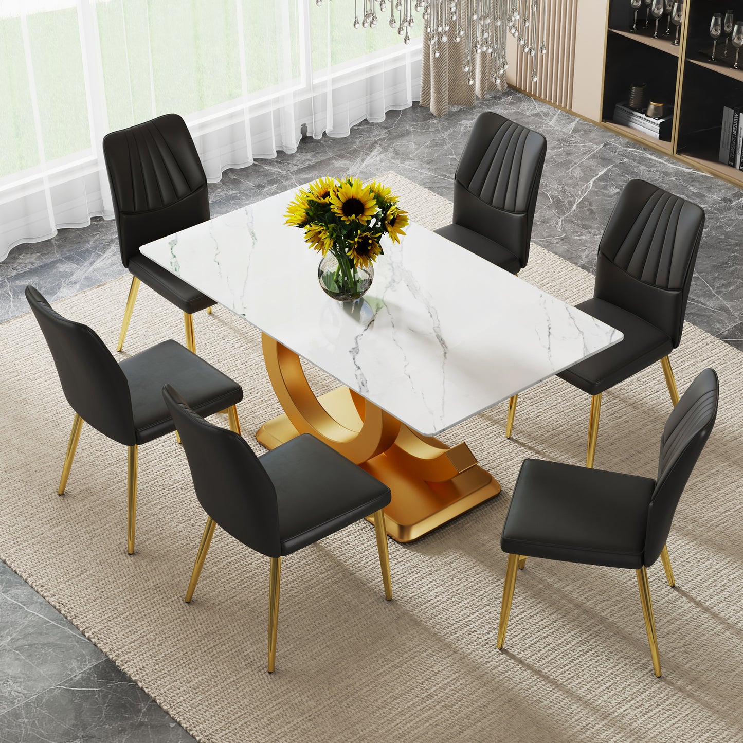 Melysen A Modern Minimalist Rectangular Dining Table Suitable For 6-8 People, A Set of 6-Piece Pu Leather Backrest and Gold Metal Legs Modern Dining Chairs.