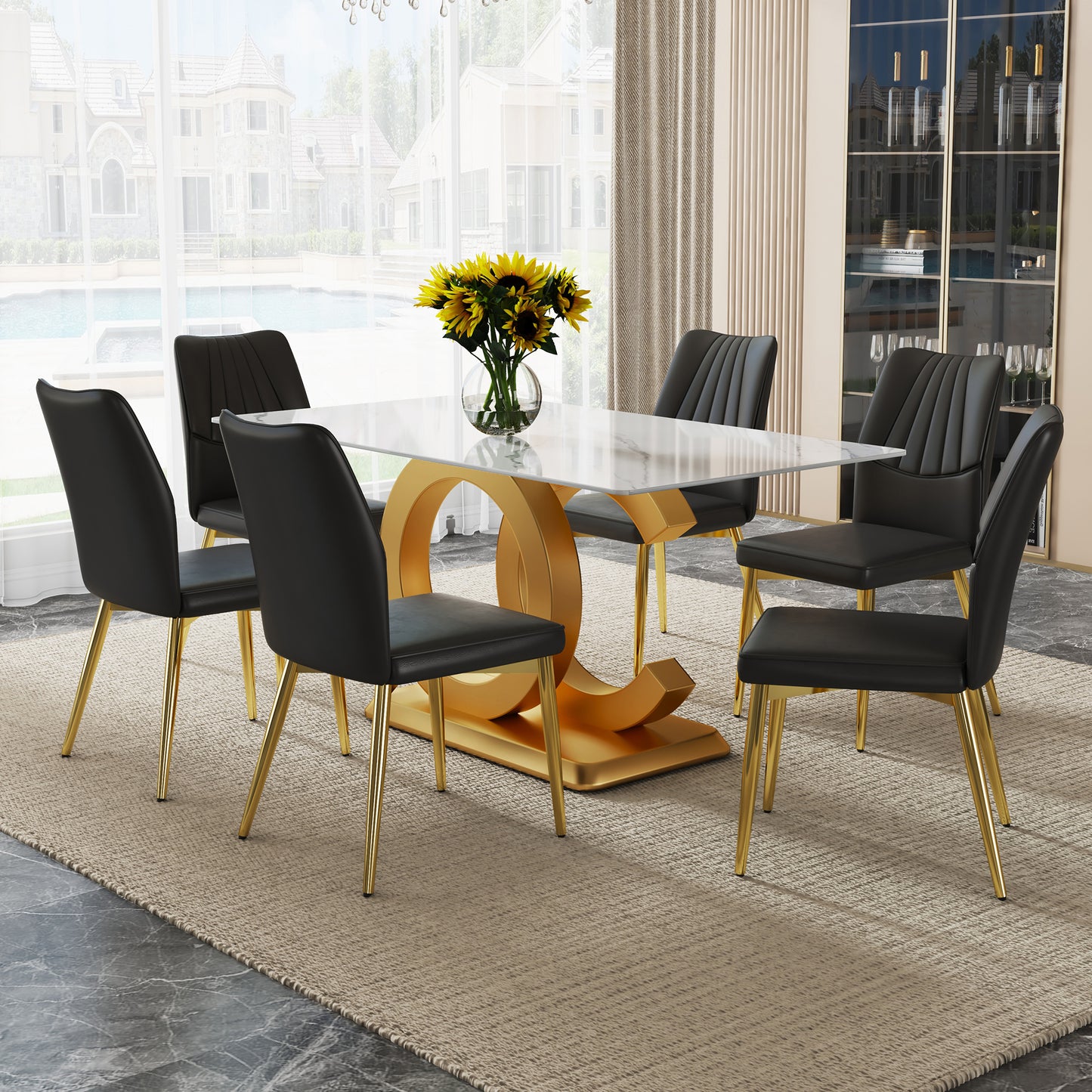 Melysen A Modern Minimalist Rectangular Dining Table Suitable For 6-8 People, A Set of 6-Piece Pu Leather Backrest and Gold Metal Legs Modern Dining Chairs.