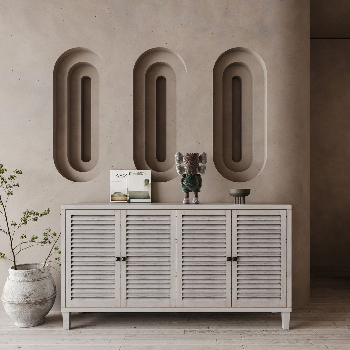 Melysen Accent Cabinet 4 Shutter Door Wooden Cabinet Sideboard Buffet Server Cabinet Storage Cabinet,Natural Wood Wash