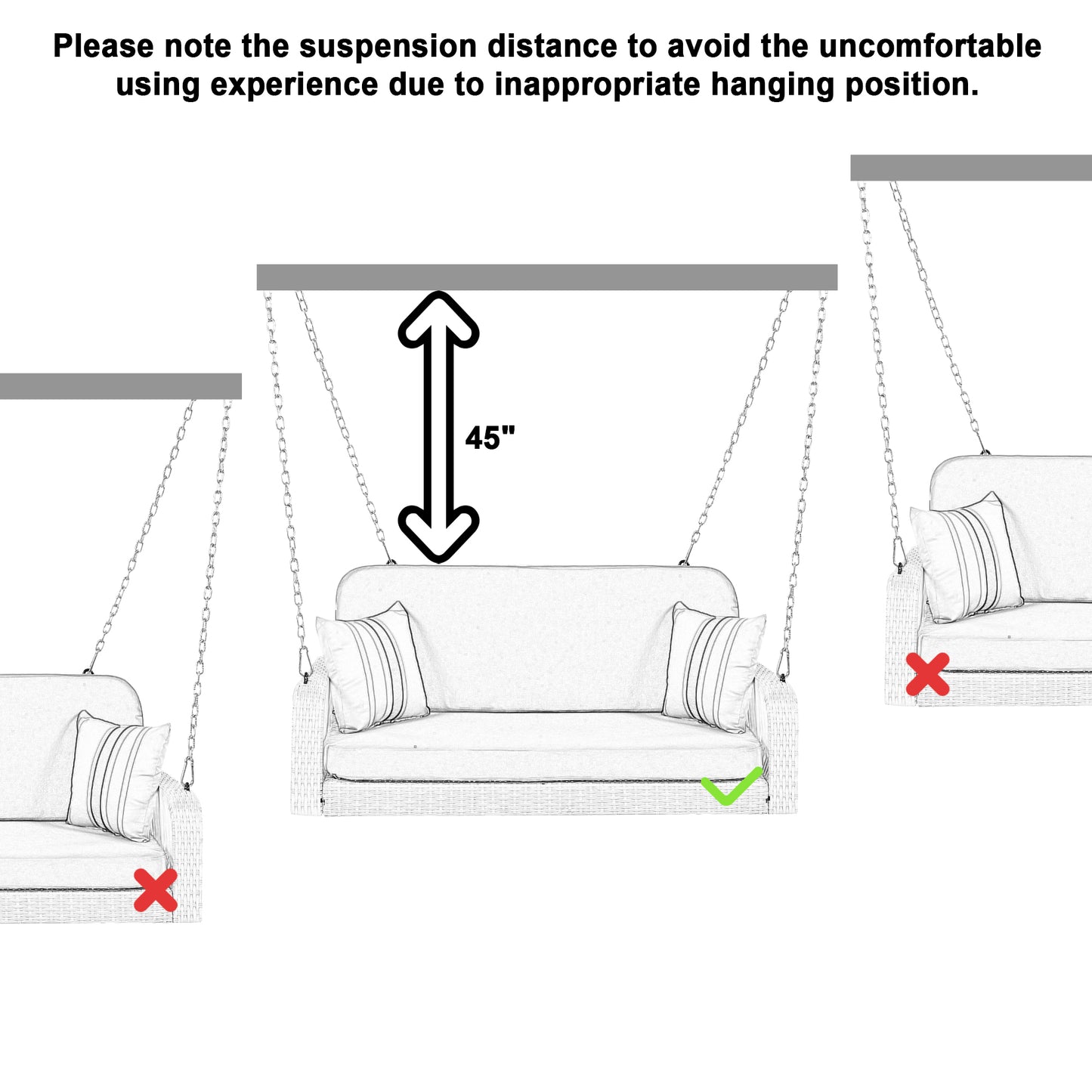 Melysen PE Wicker Porch Swing, 2-Seater Hanging Bench With Chains, Patio Furniture Swing For Backyard Garden Poolside, White+Gray