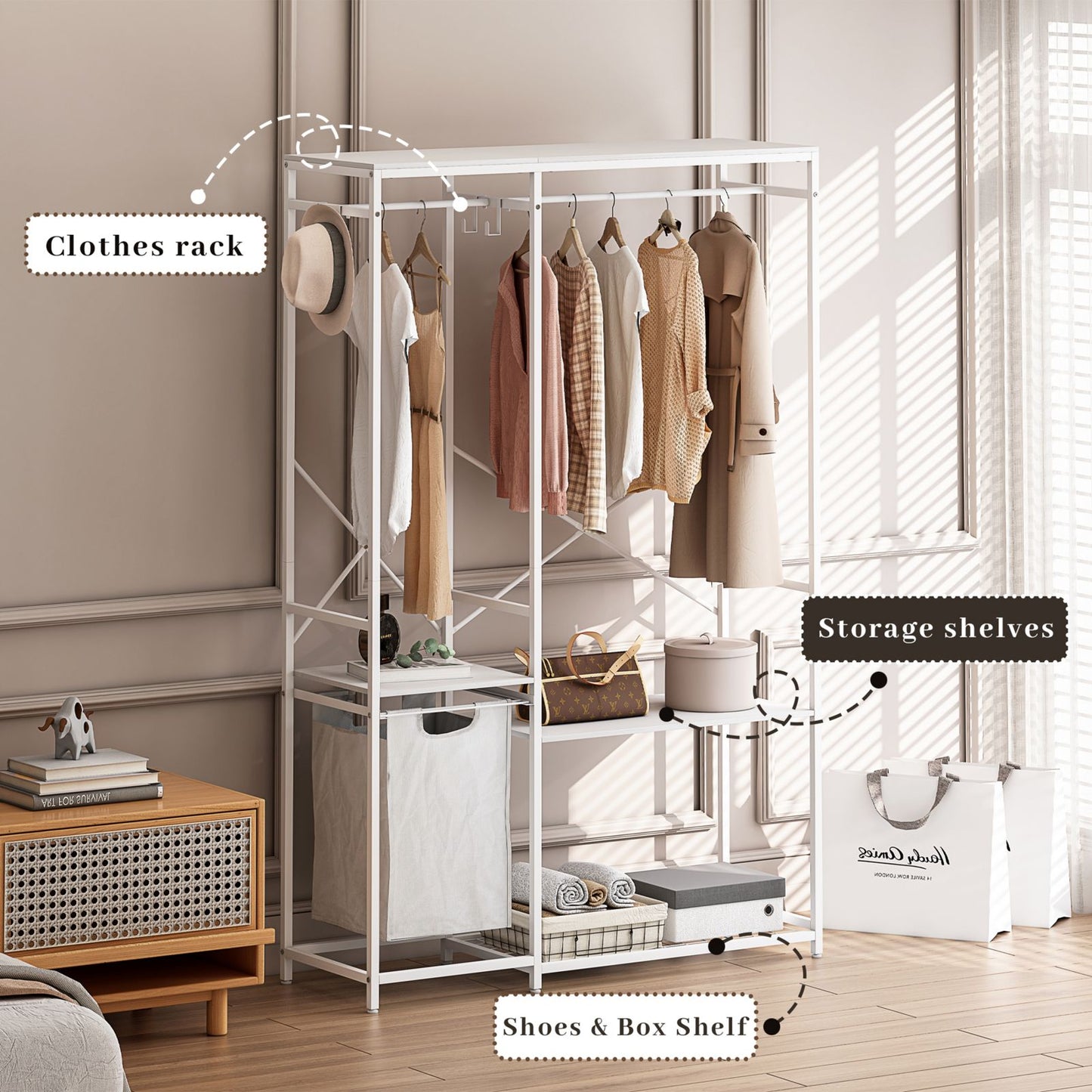 Melysen Portable Wardrobe Clothes Rack, Freestanding Clothing Rack with Bottom Mesh Storage Rack, Multi-functional Bedroom Clothing Rack with Premium Oxford Cloth Storage Bag,White