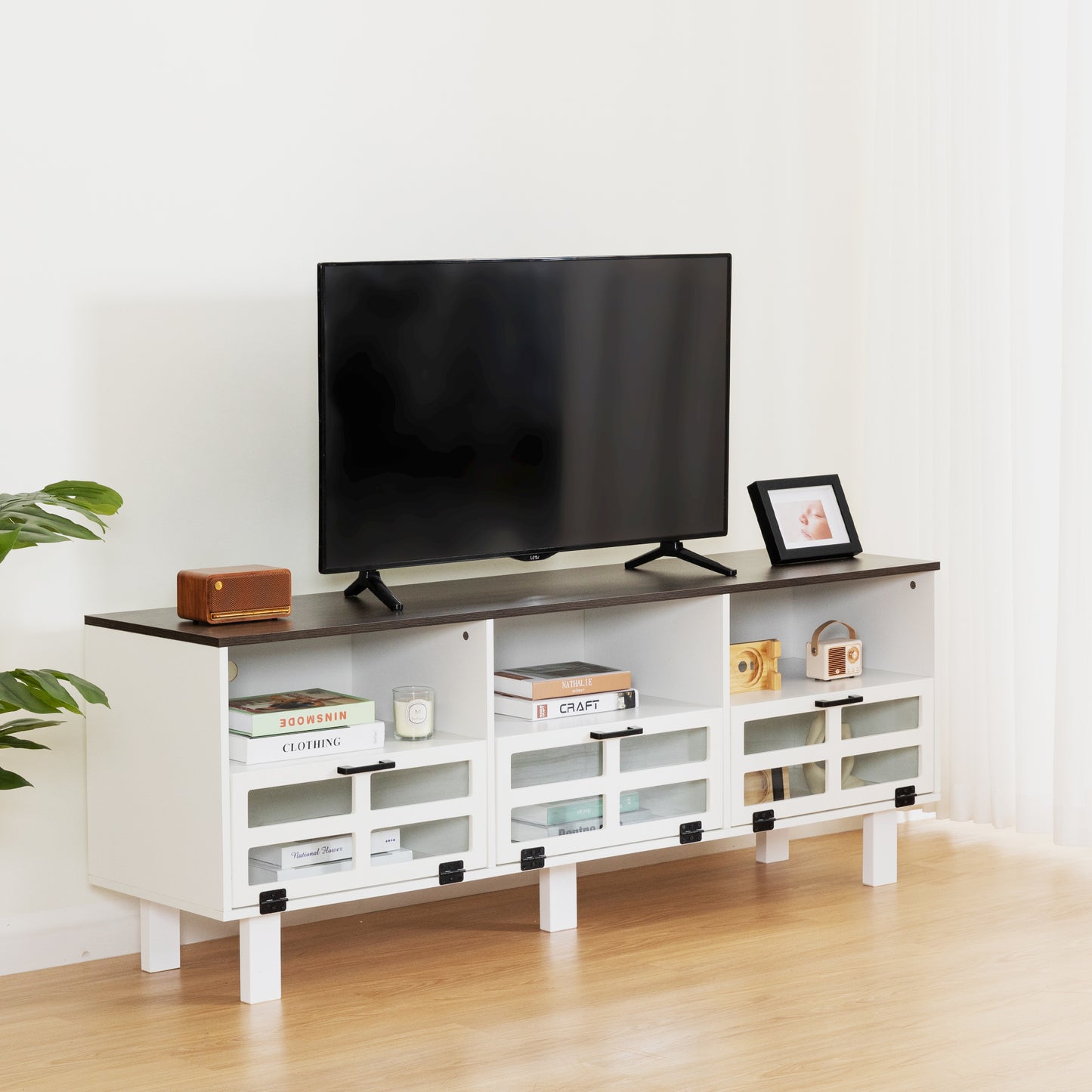 Melysen TV stand,TV cabinet,American country style TV lockers,The toughened glass door panel,Metal handles,birch legs,Turn down the drawer,White+gray