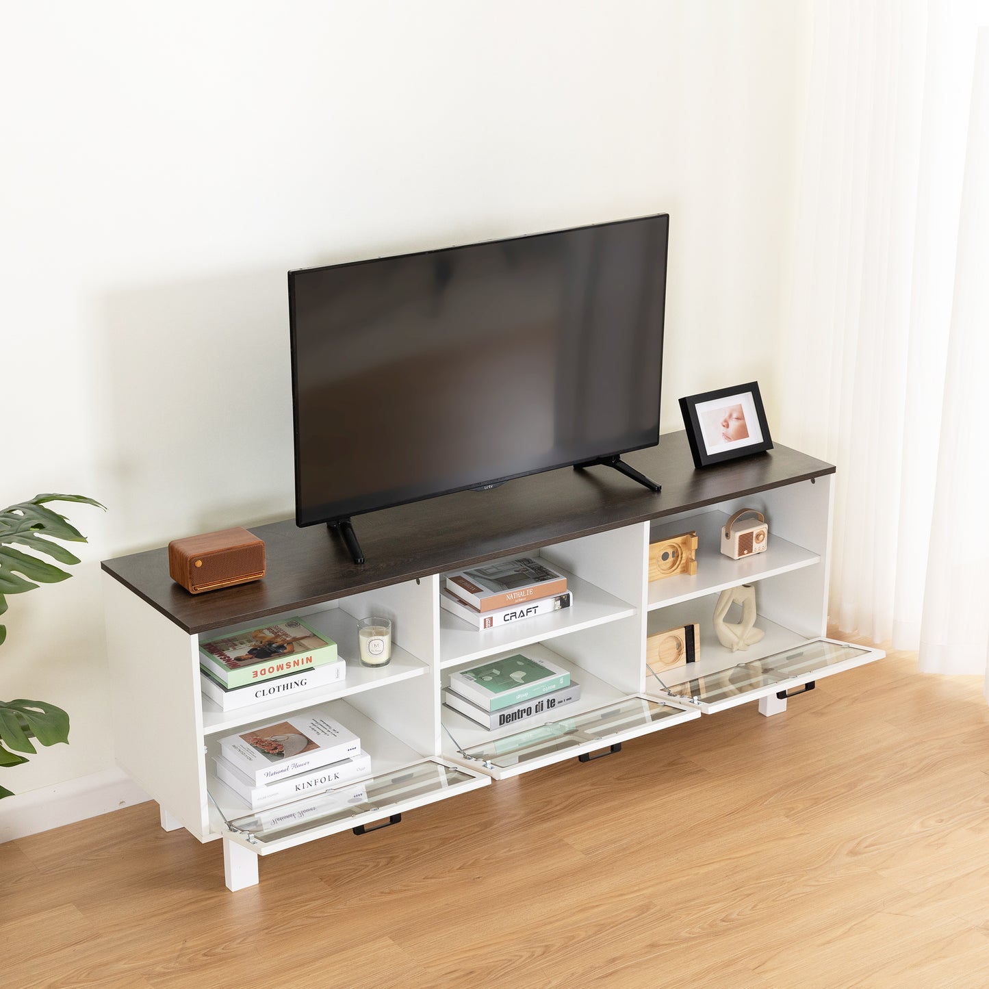 Melysen TV stand,TV cabinet,American country style TV lockers,The toughened glass door panel,Metal handles,birch legs,Turn down the drawer,White+gray