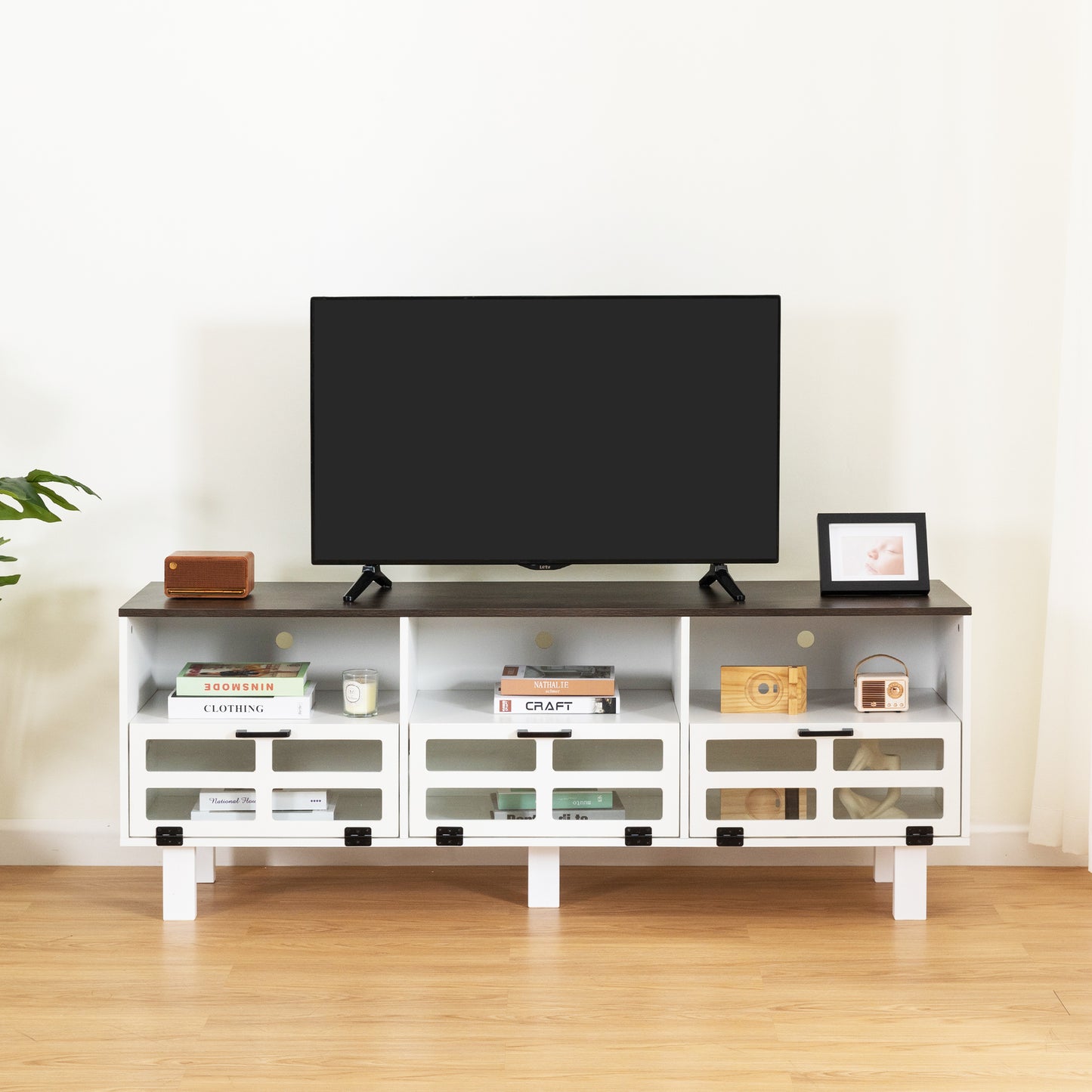 Melysen TV stand,TV cabinet,American country style TV lockers,The toughened glass door panel,Metal handles,birch legs,Turn down the drawer,White+gray