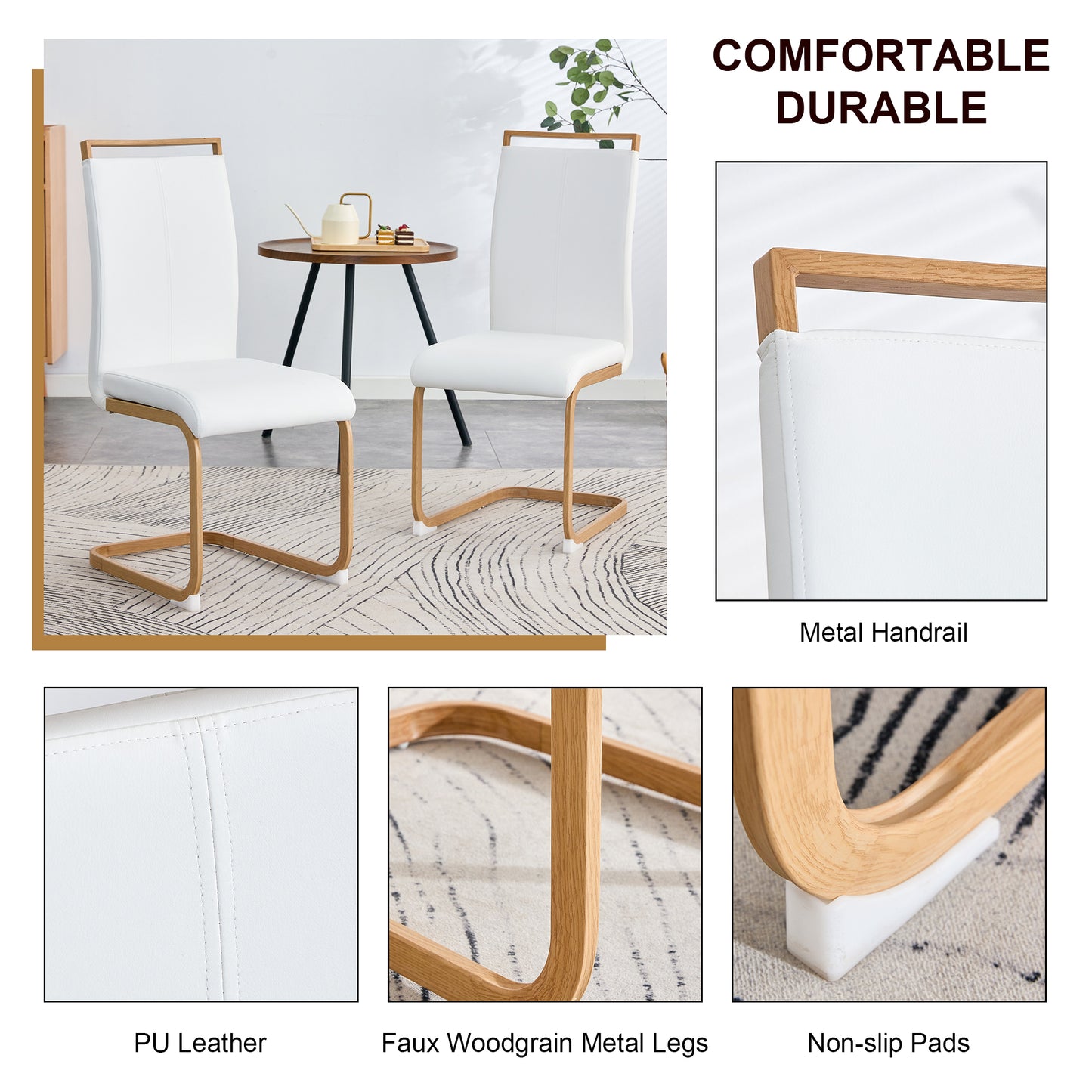 Melysen White Stone Burning Tabletop with Rubber Wooden Legs, Foldable Computer Desk, Foldable office Desk,4 Modern Pu Leather High Back Cushion Side Chair with Wood Grain Metal Legs