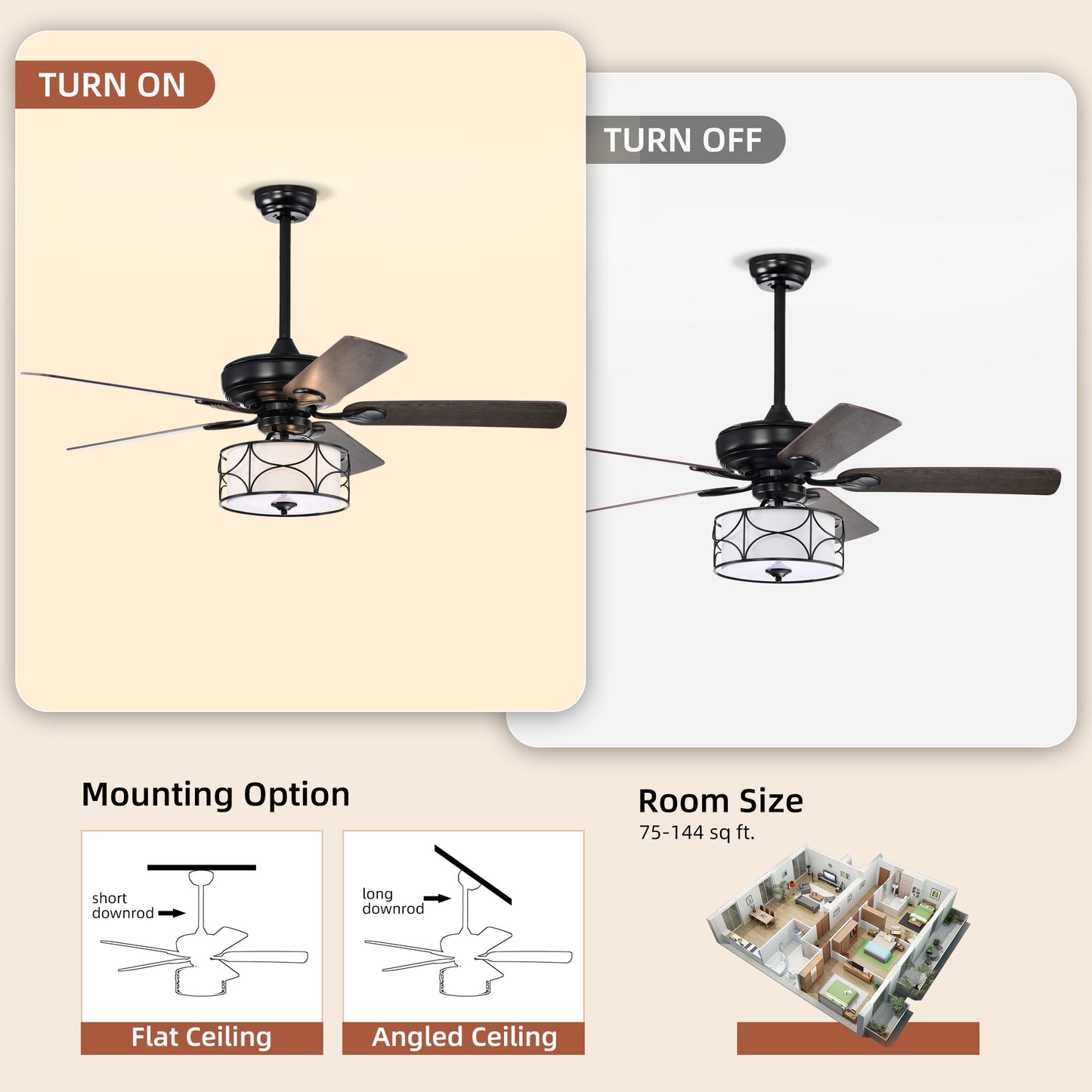 Melysen 52 Inch Modern Ceiling Fan with Dual Finish Reversible Blades, Fandelier for Living Room, Dining Room, Bedroom, Family Room, Matte Black