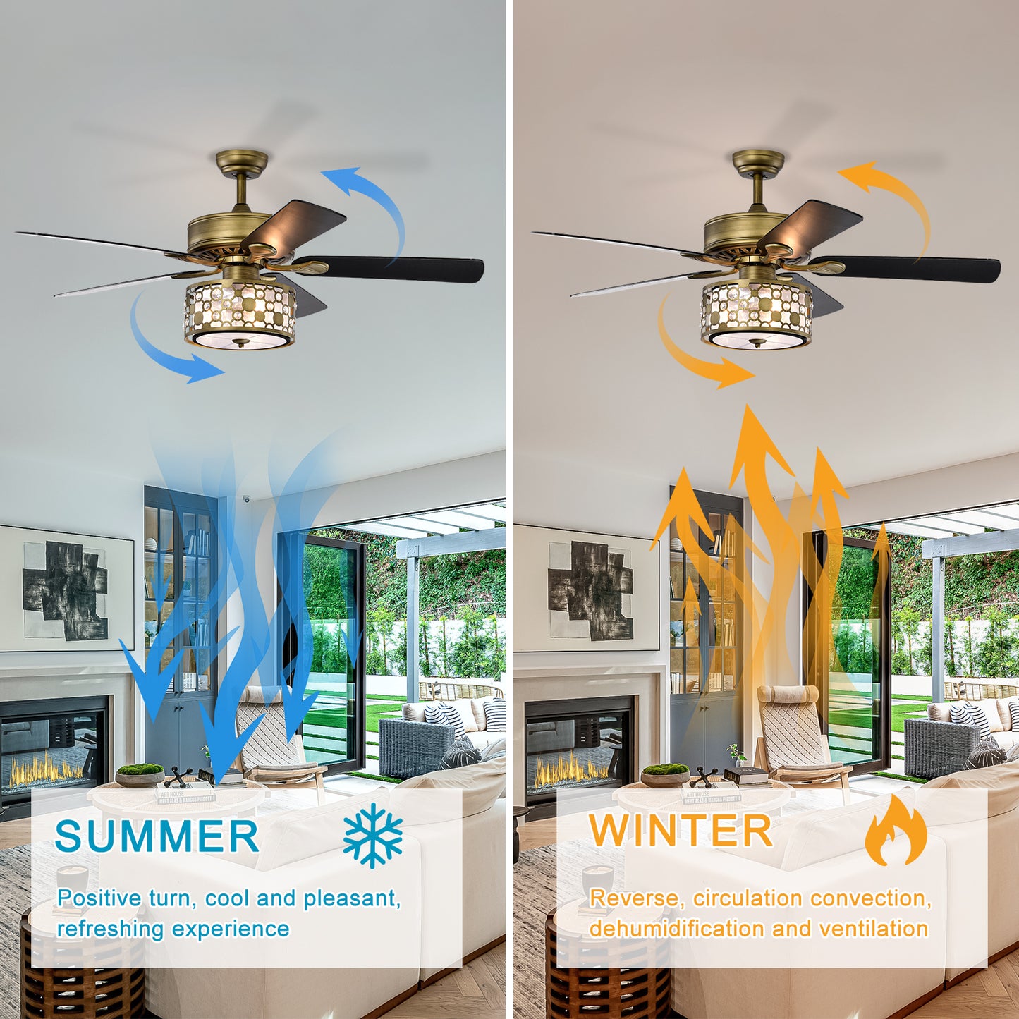 Melysen 52inch Antique Bronze Metal 3 Lights Crystal Ceiling Fan with 5 Wood Blades, Two-color fan blade, AC Motor, Remote Control, Reversible Airflow, 3 Speed, Adjustable Height, Traditional Ceiling Fan