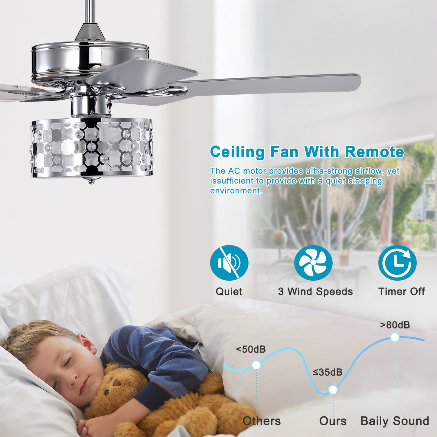 Melysen 52" Elegant Ceiling Fan Light with Remote, Crystal Chandelier Fan 5 Chrome Reversible Wood Blades for Dinning Room Bedroom Living Room