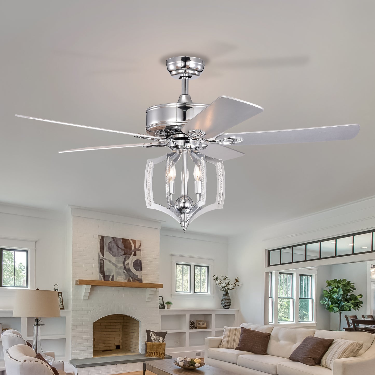 Melysen Ceiling Fans with Lights(no include bulb) and Remote 52 Inch Bedroom Ceiling Fan with Light Crystal Chandelier Fans, Reversible Motor, Timer, Polished Chrome