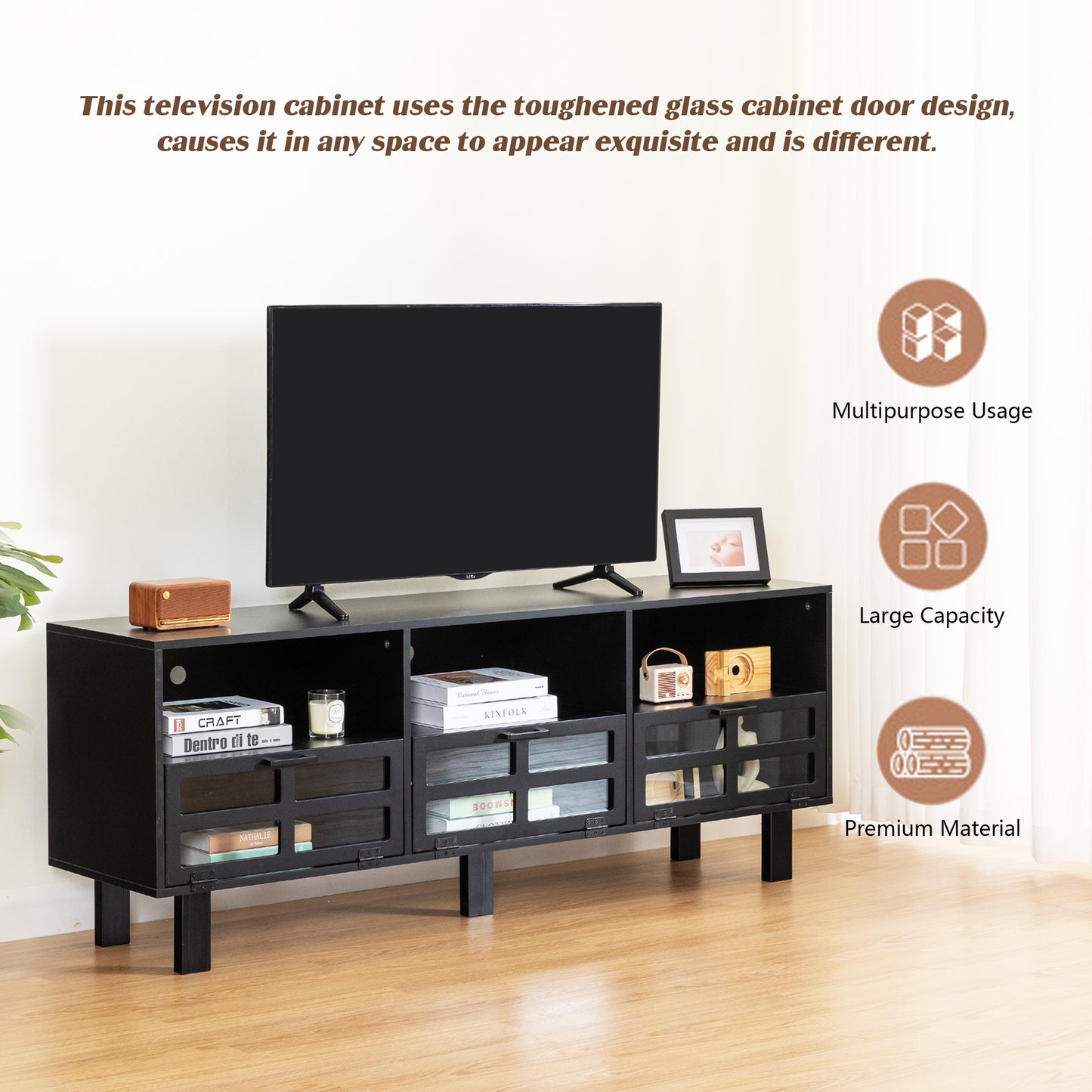 Melysen TV stand,TV cabinet,American country style TV lockers,The toughened glass door panel,Metal handles,birch legs,Turn down the drawer,Black