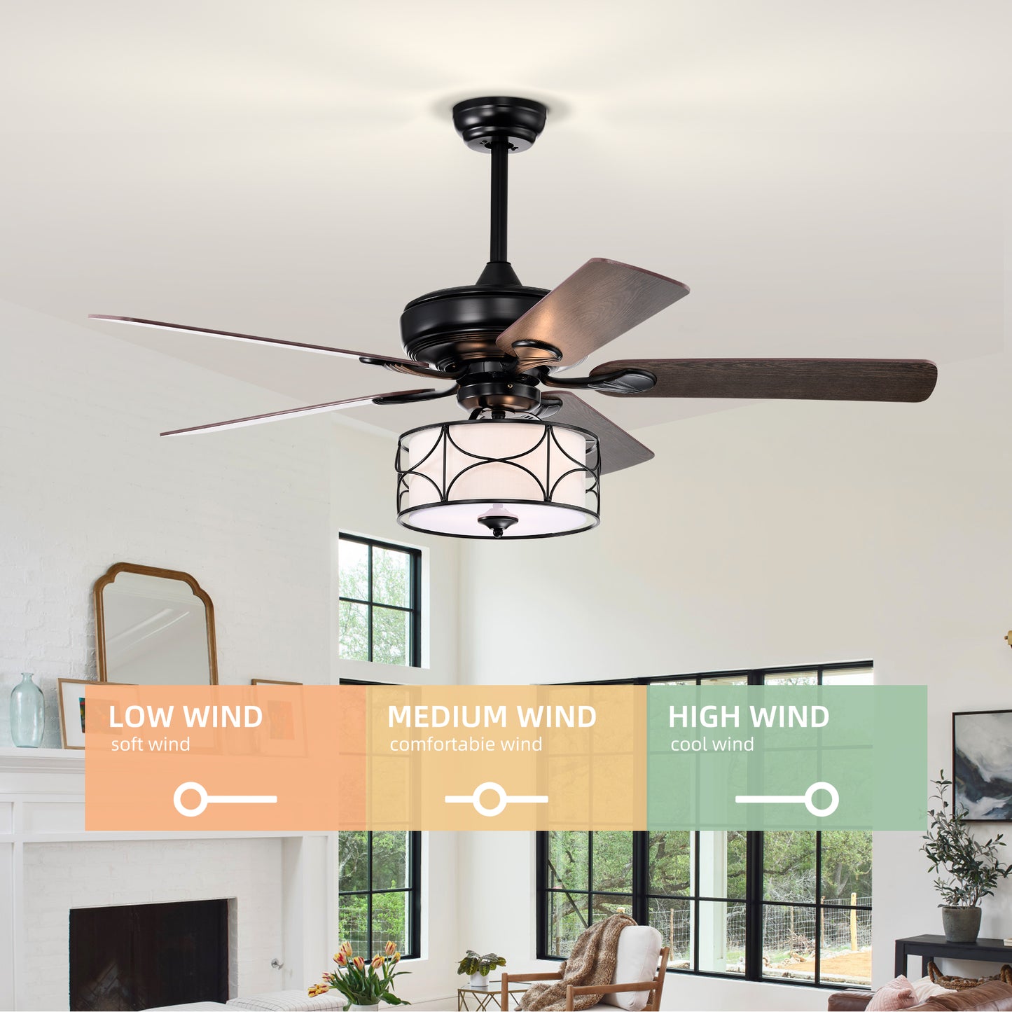 Melysen 52 Inch Modern Ceiling Fan with Dual Finish Reversible Blades, Fandelier for Living Room, Dining Room, Bedroom, Family Room, Matte Black