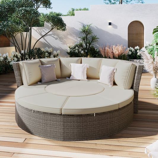 Melysen Patio 5-Piece Round Rattan Sectional Sofa Set All-Weather PE Wicker Sunbed Daybed with Round Liftable Table and Washable Cushions for Outdoor Backyard Poolside, Gray