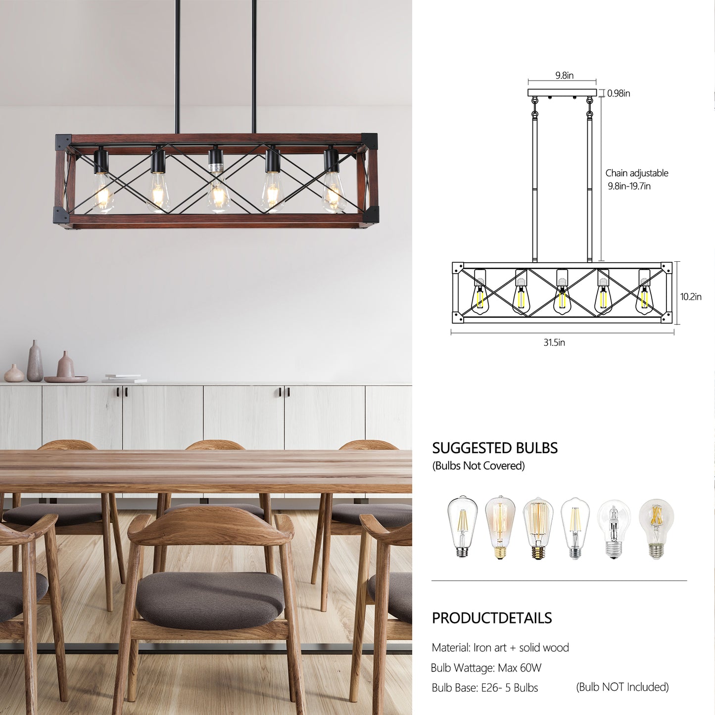 5-Light Retro Farmhouse Chandelier For Kitchen(No Bulbs)