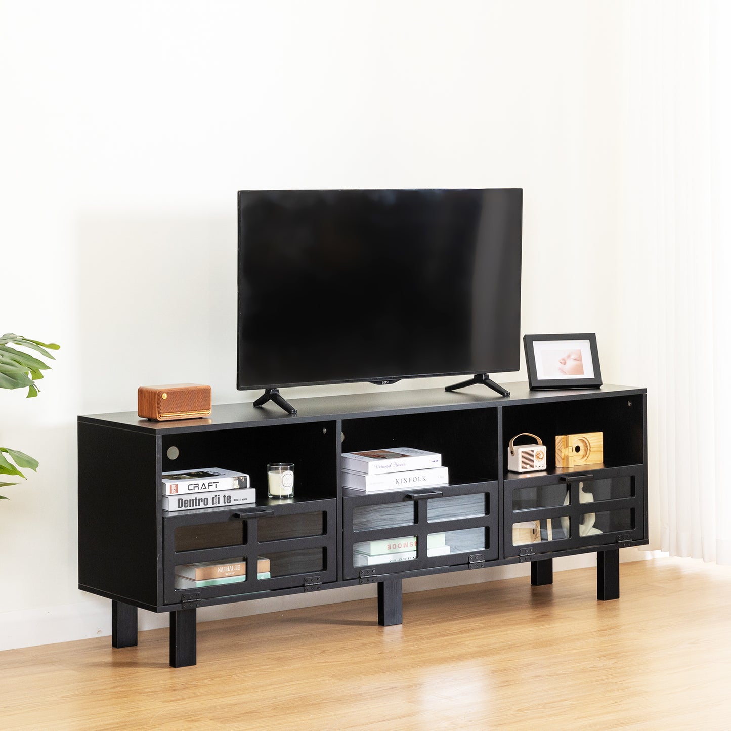 Melysen TV stand,TV cabinet,American country style TV lockers,The toughened glass door panel,Metal handles,birch legs,Turn down the drawer,Black