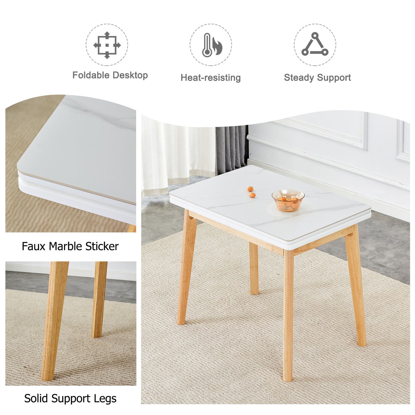 Melysen White Stone Burning Tabletop with Rubber Wooden Legs, Foldable Computer Desk, Foldable office Desk,4 Modern Pu Leather High Back Cushion Side Chair with Wood Grain Metal Legs