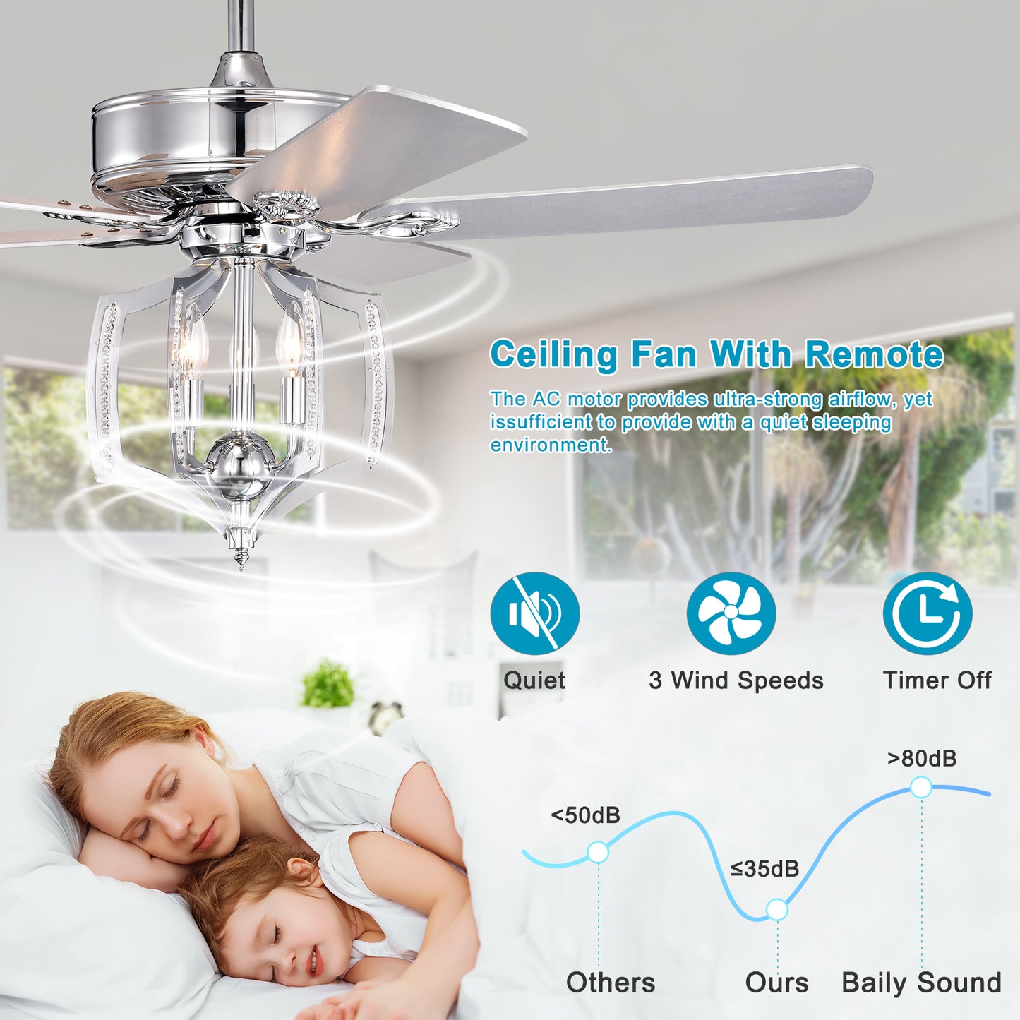 Melysen Ceiling Fans with Lights(no include bulb) and Remote 52 Inch Bedroom Ceiling Fan with Light Crystal Chandelier Fans, Reversible Motor, Timer, Polished Chrome