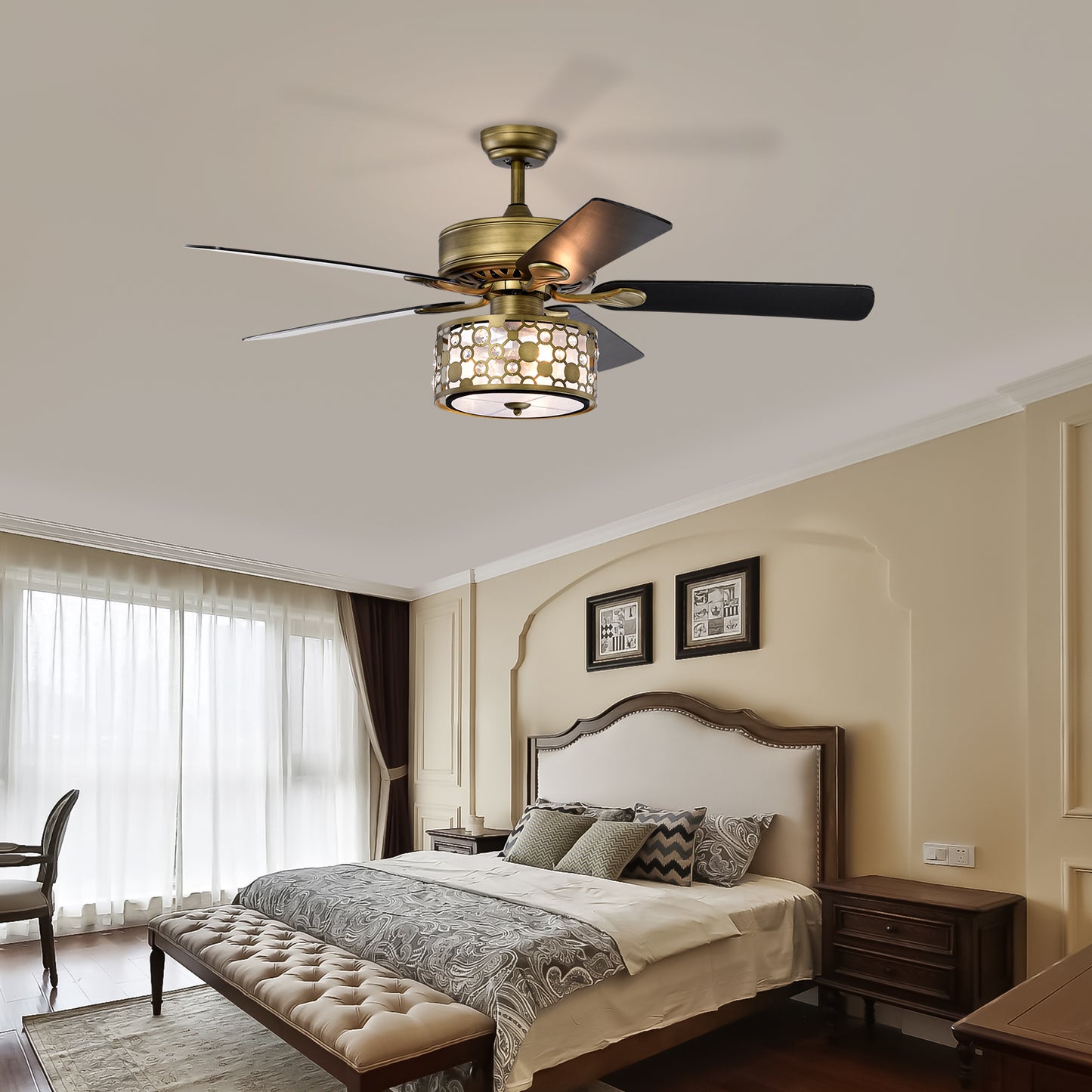 Melysen 52inch Antique Bronze Metal 3 Lights Crystal Ceiling Fan with 5 Wood Blades, Two-color fan blade, AC Motor, Remote Control, Reversible Airflow, 3 Speed, Adjustable Height, Traditional Ceiling Fan