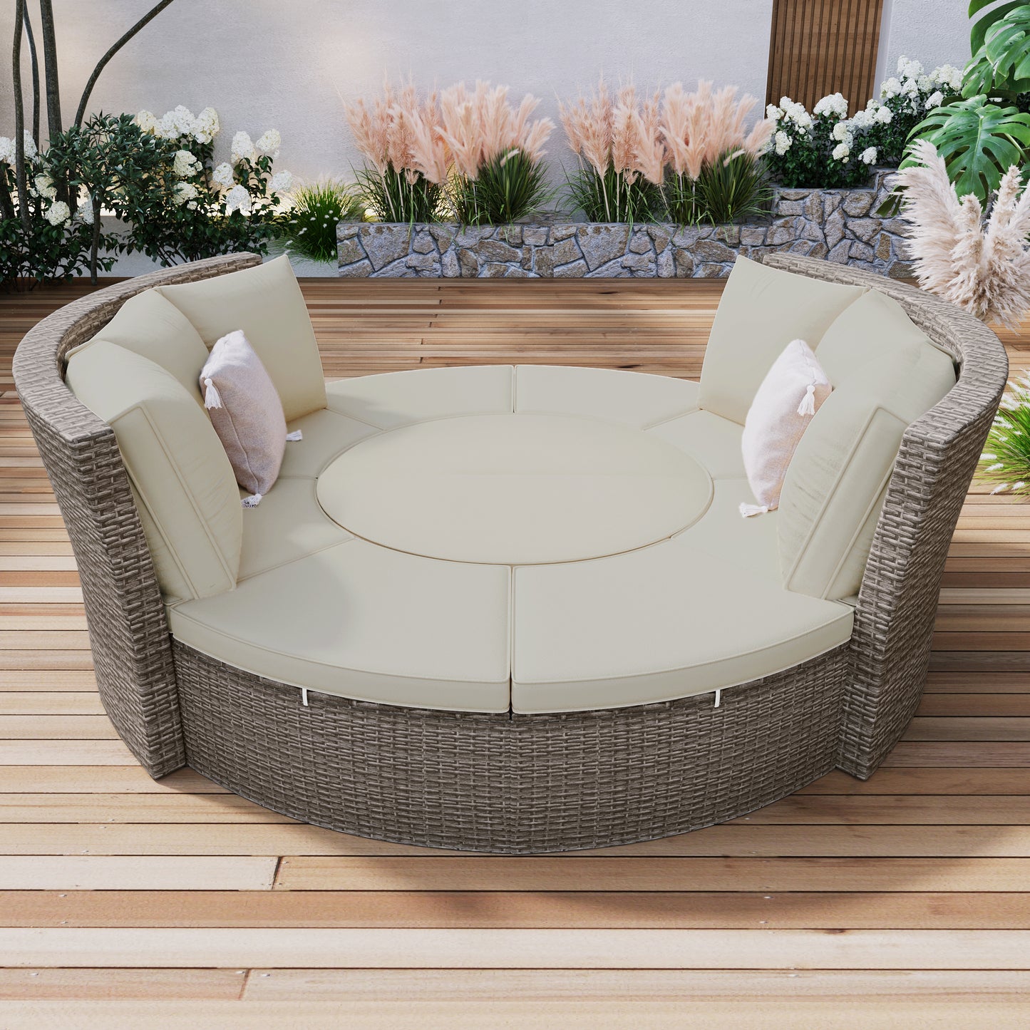 Melysen Patio 5-Piece Round Rattan Sectional Sofa Set All-Weather PE Wicker Sunbed Daybed with Round Liftable Table and Washable Cushions for Outdoor Backyard Poolside, Gray